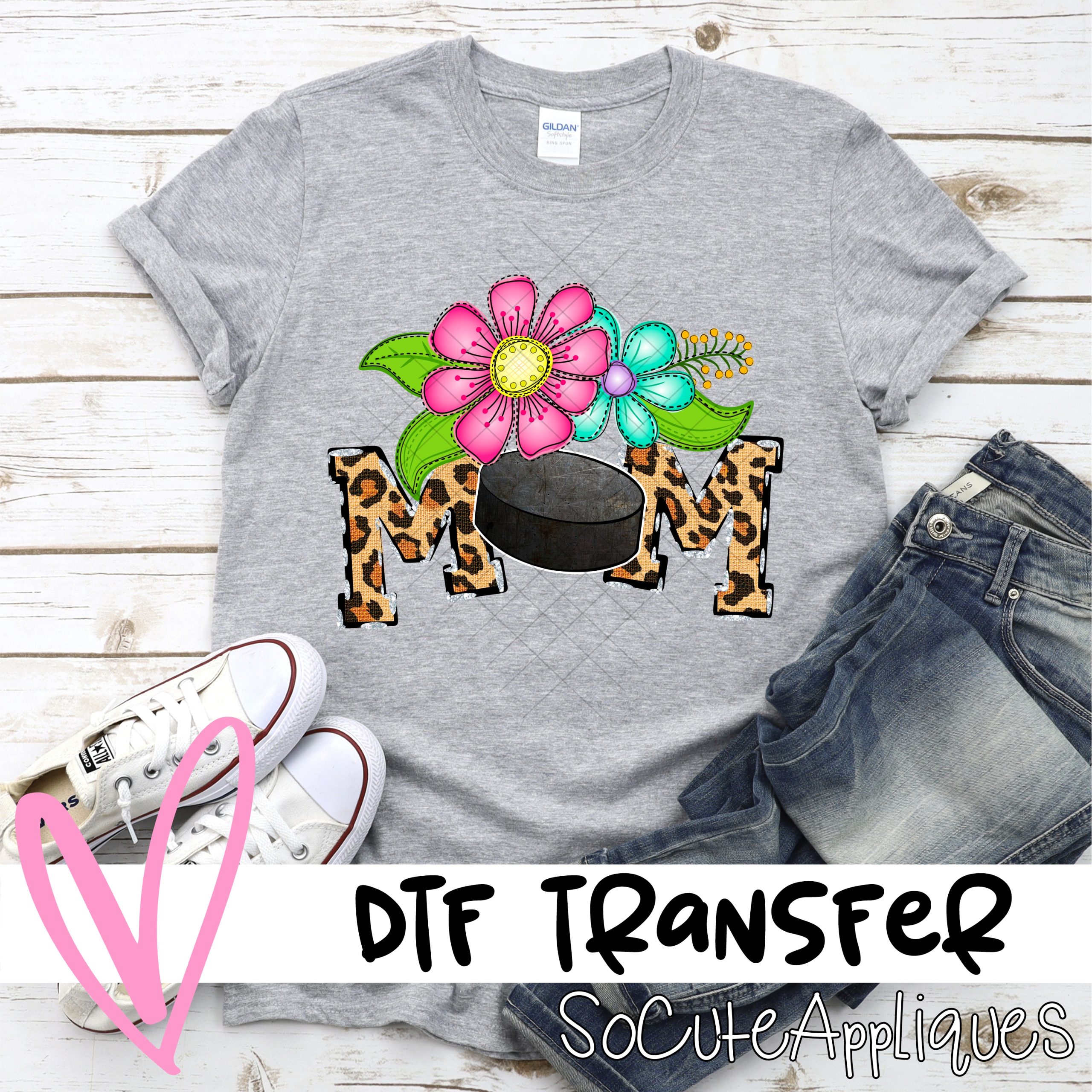 Mom hockey O bright flowers leopard *DTF* Transfer