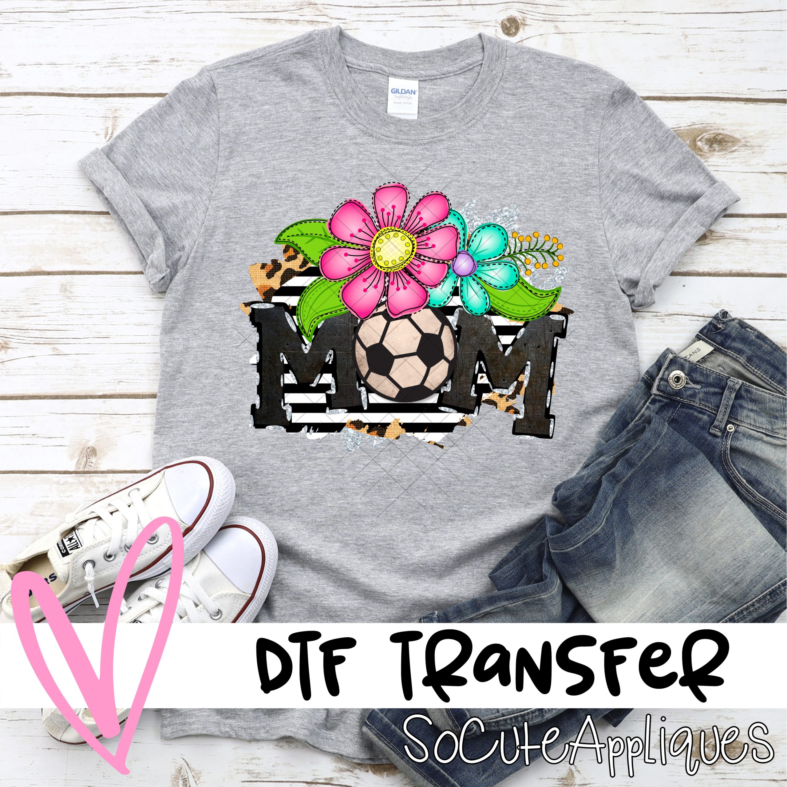 Mom soccer bright flowers on stripes *DTF* Transfer