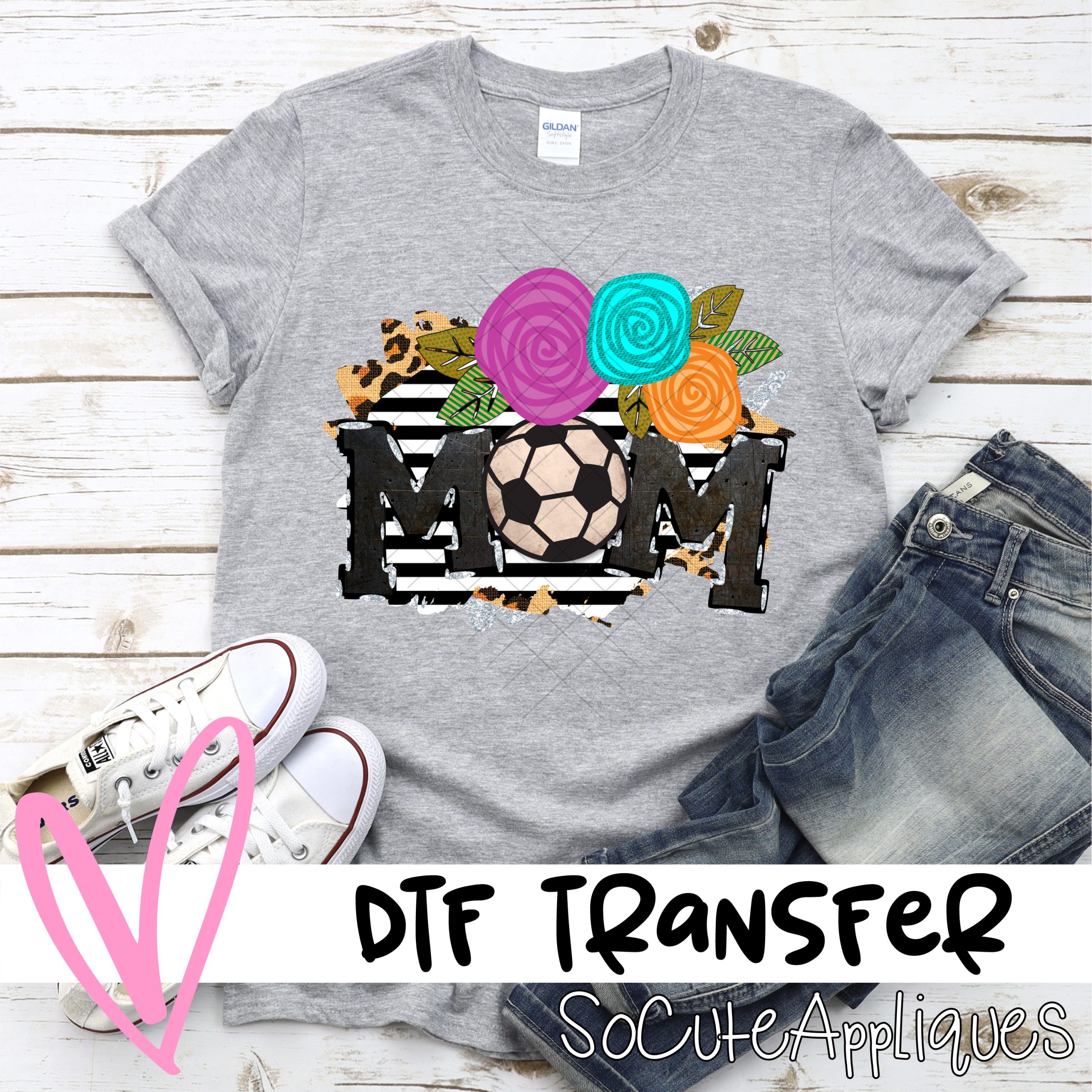 Mom soccer flowers on stripes *DTF* Transfer