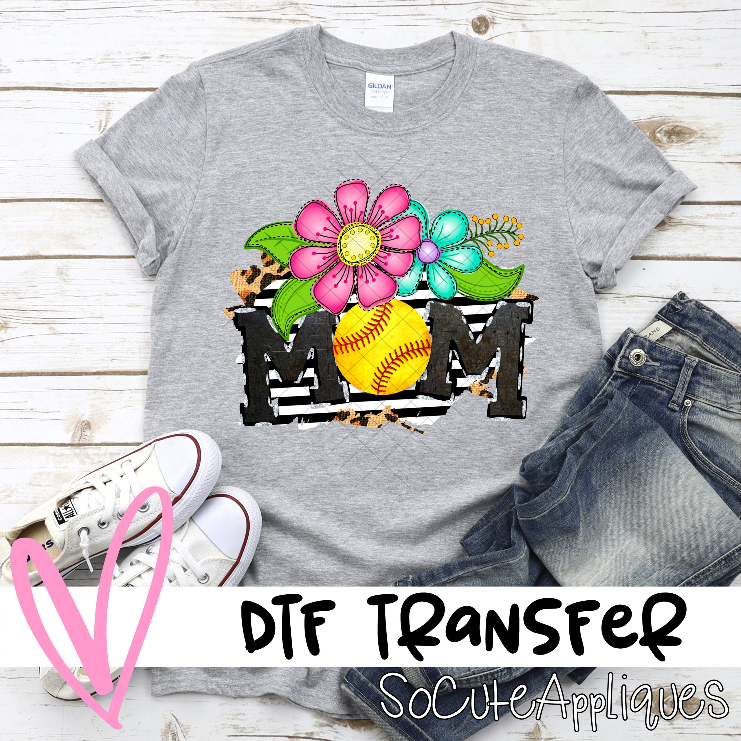 Mom softball bright flowers on stripes *DTF* Transfer