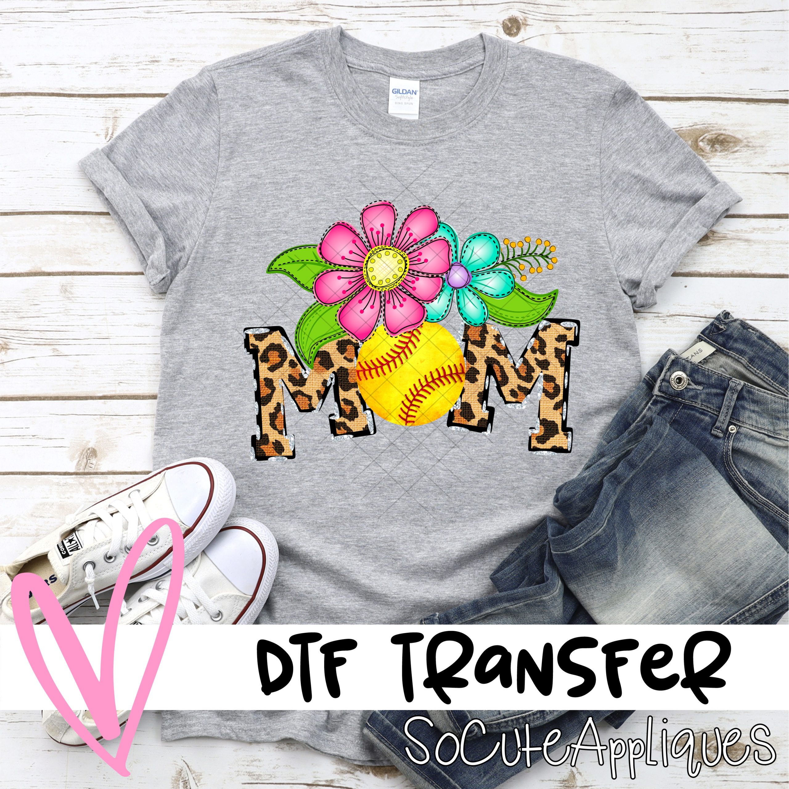 Mom softball O bright flowers leopard *DTF* Transfer