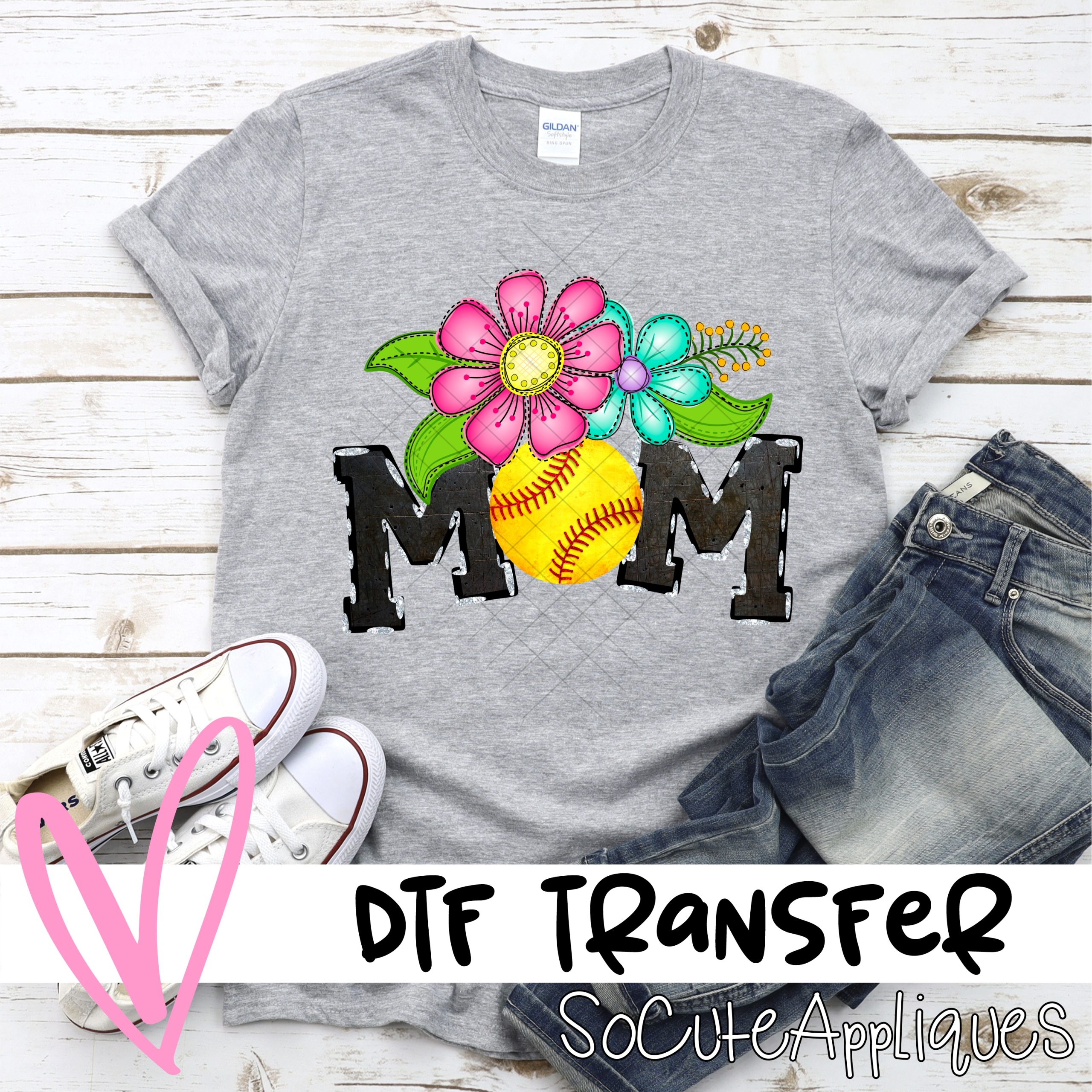 Mom softball O bright flowers *DTF* Transfer