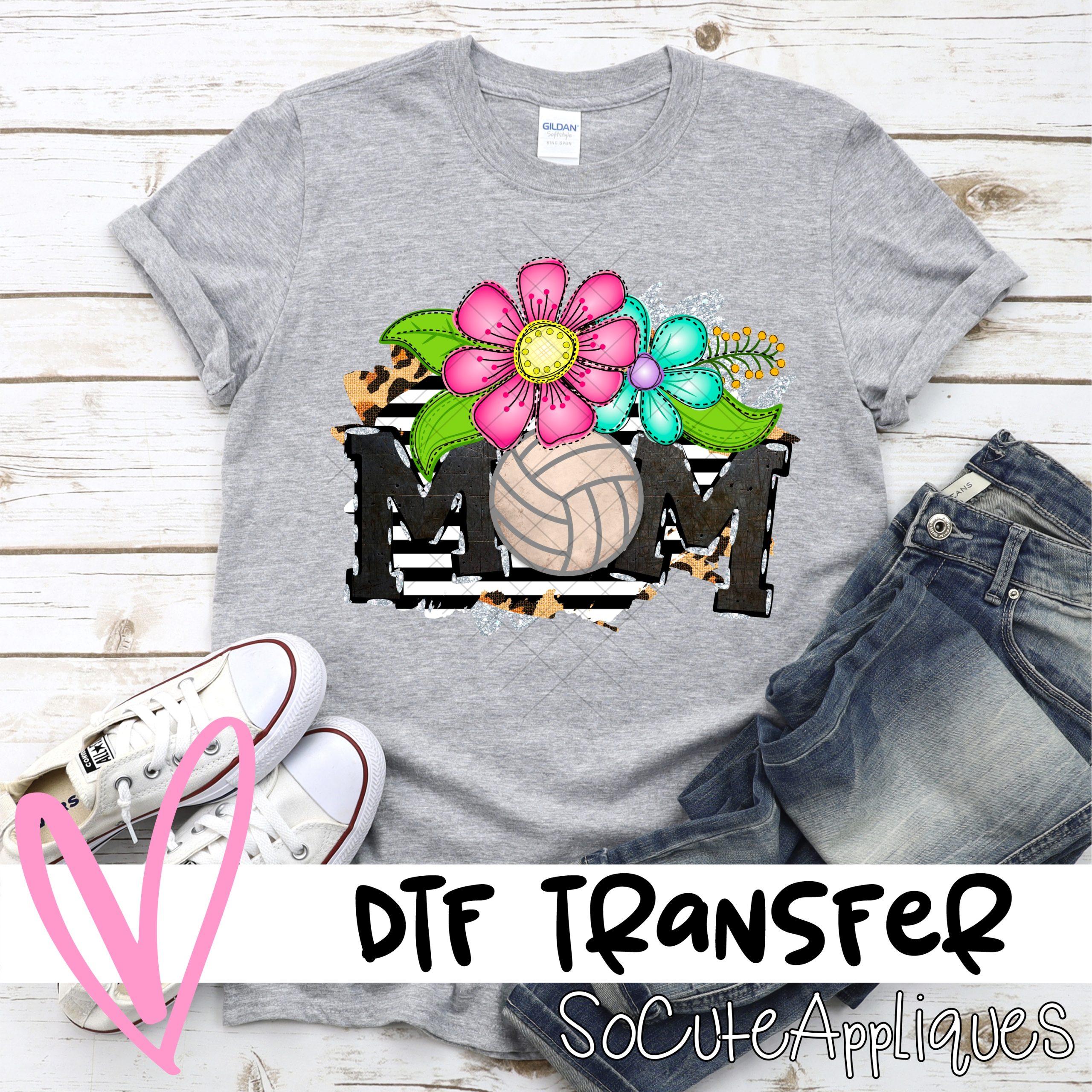 Mom volleyball bright flowers on stripes *DTF* Transfer