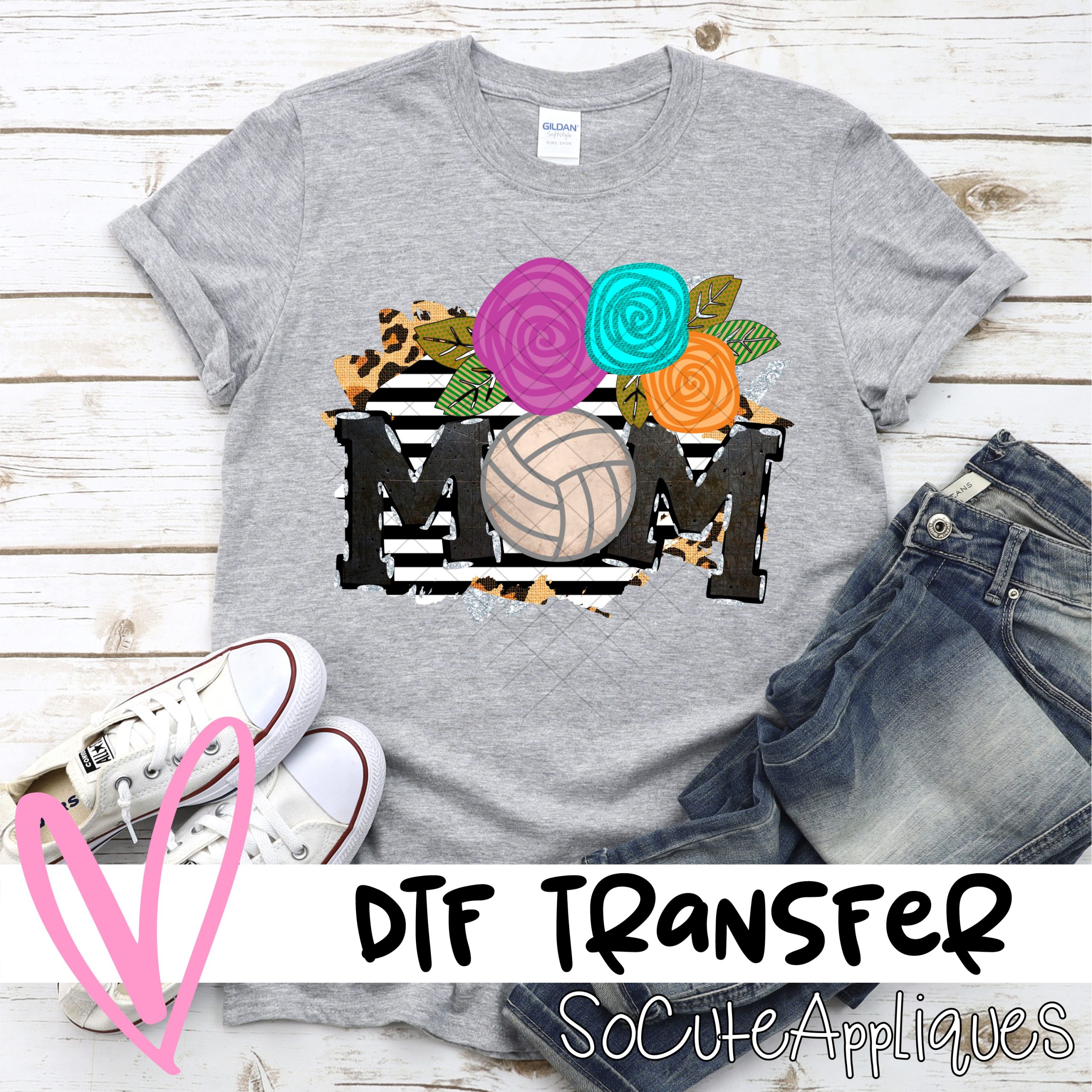 Mom volleyball flowers on stripes *DTF* Transfer