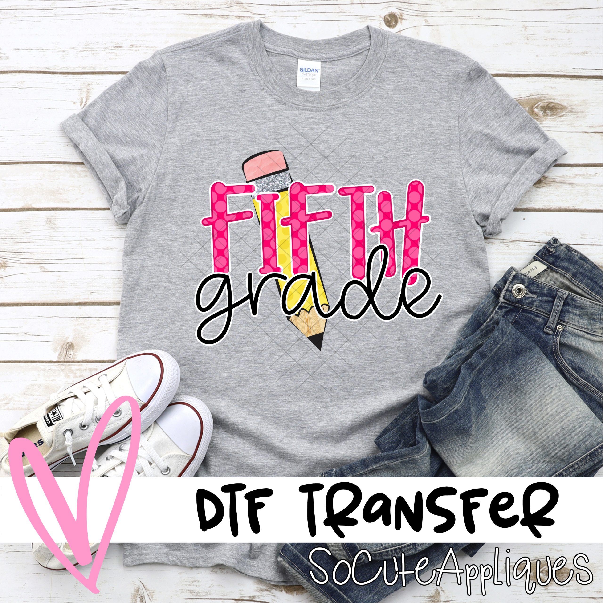 Pencil Fifth grade pink polka dot HORIZONTAL *DTF* Transfer