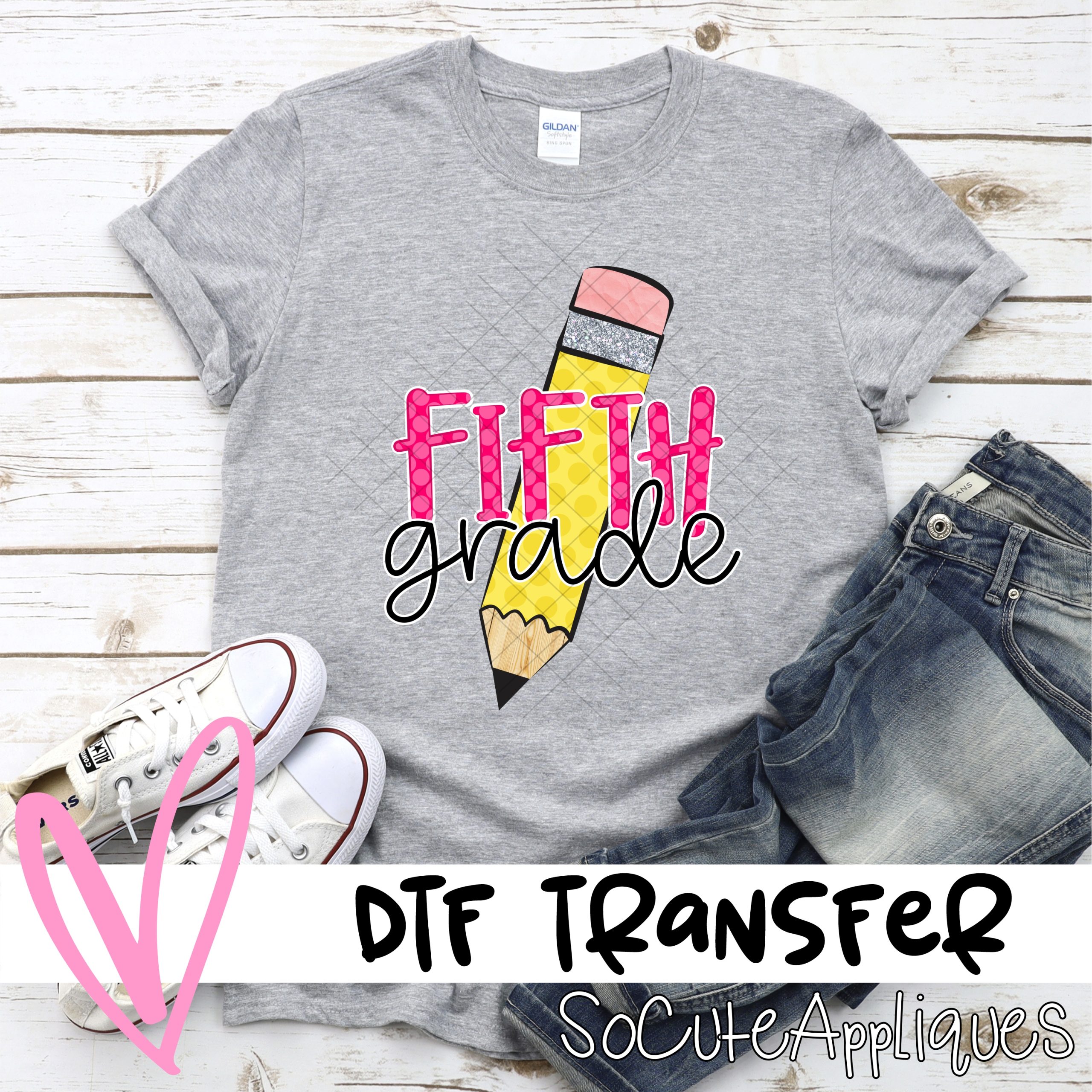 Pencil Fifth grade pink polka dot *DTF* Transfer