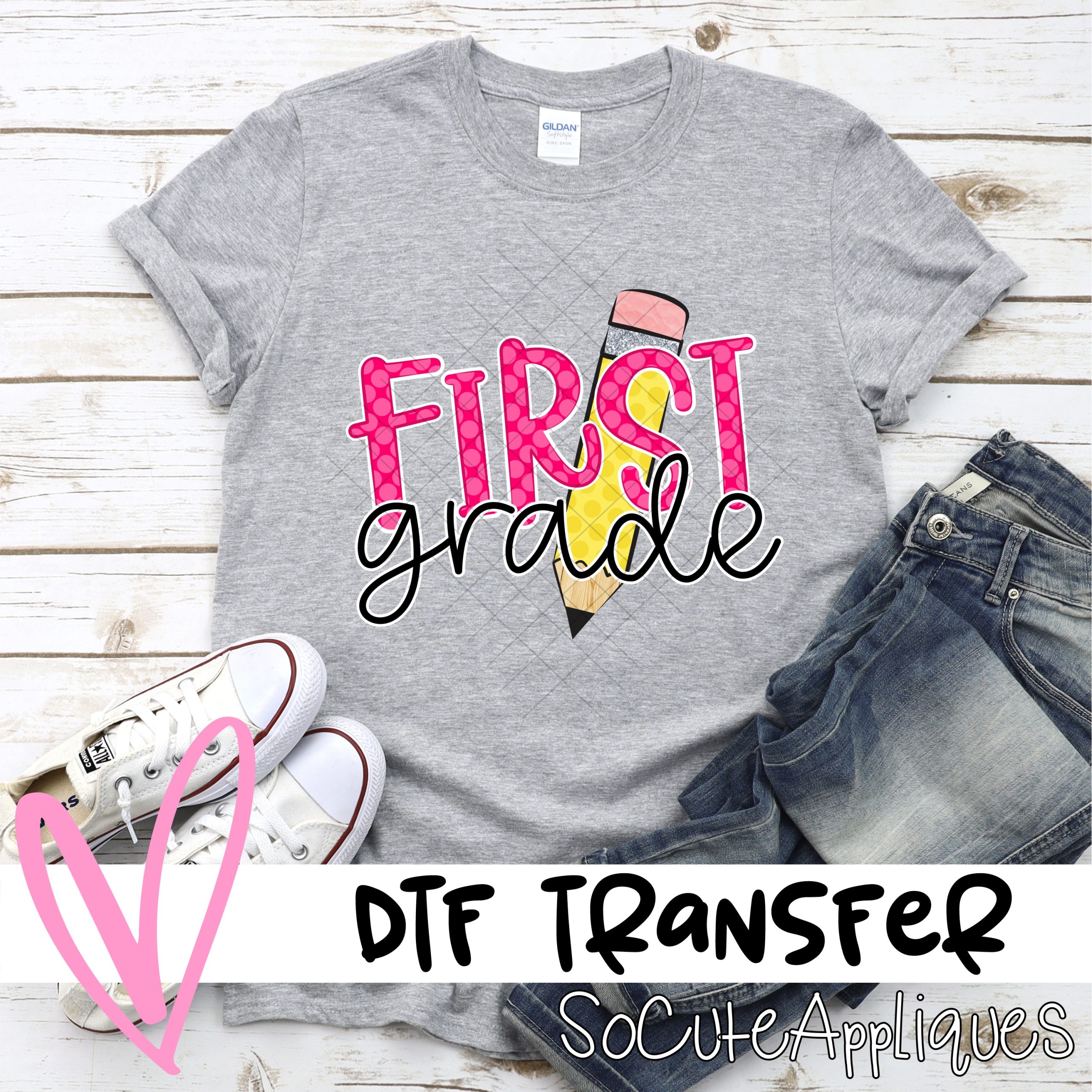 Pencil First grade pink polka dot HORIZONTAL *DTF* Transfer