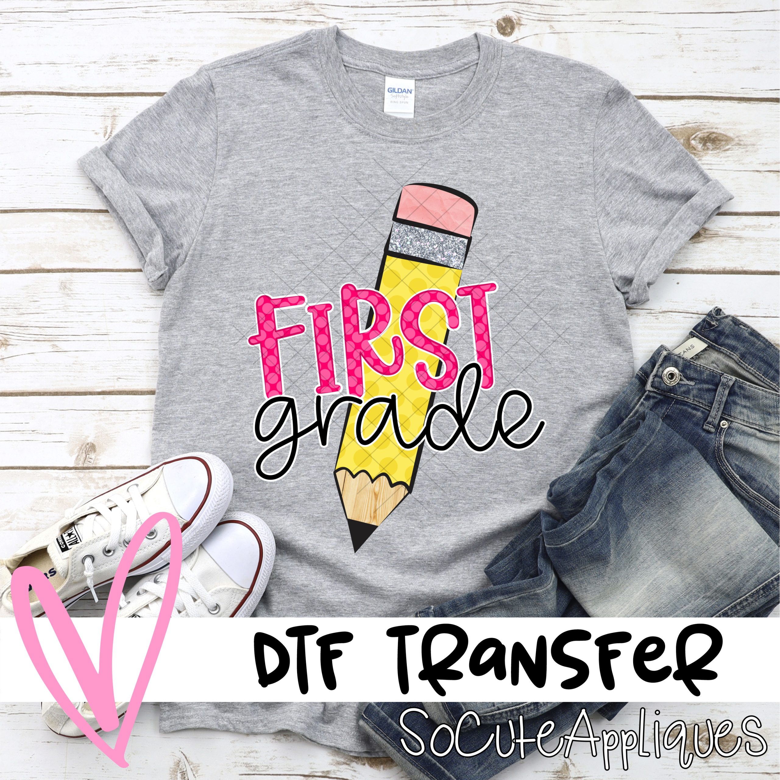 Pencil First grade pink polka dot *DTF* Transfer
