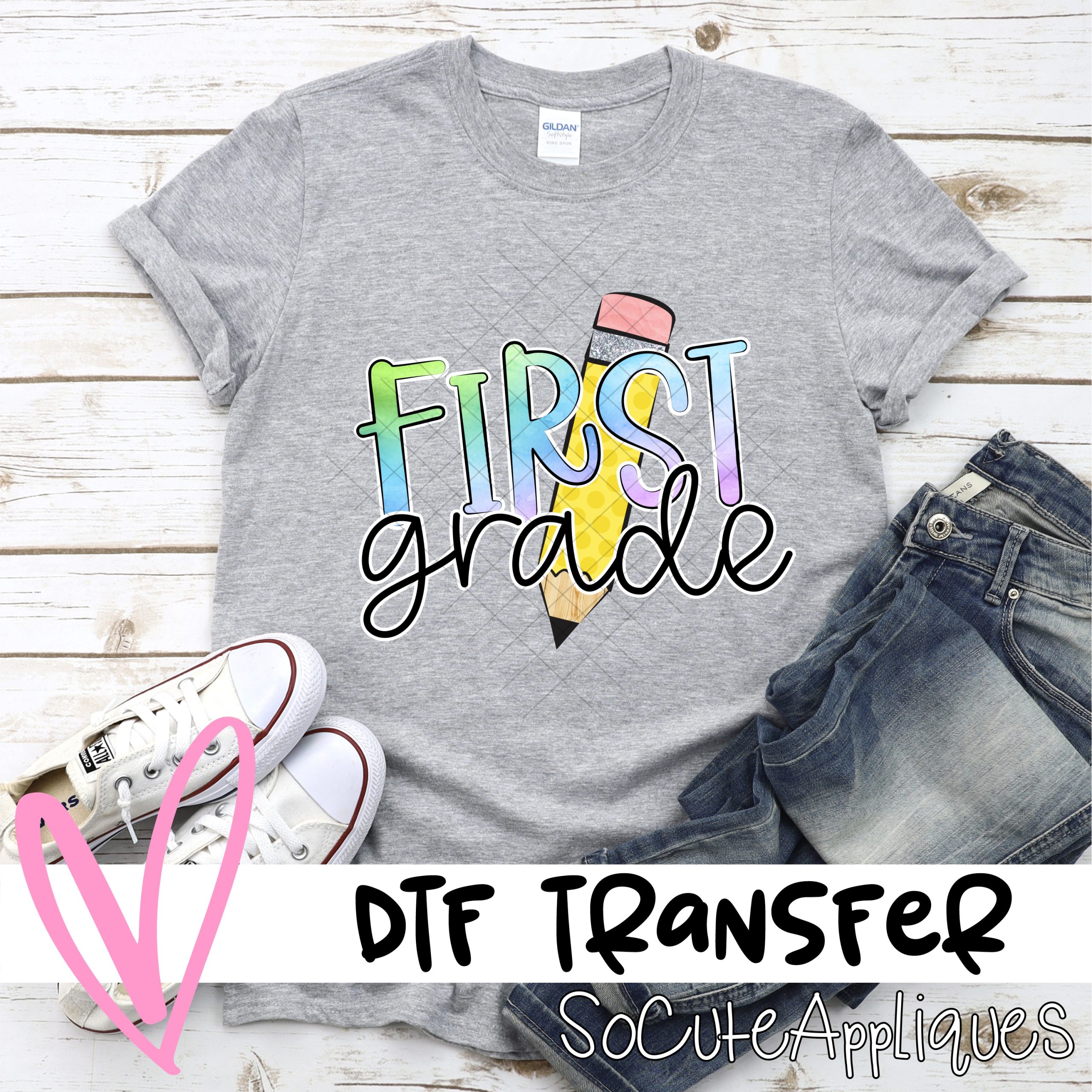 Pencil First grade watercolor HORIZONTAL *DTF* Transfer