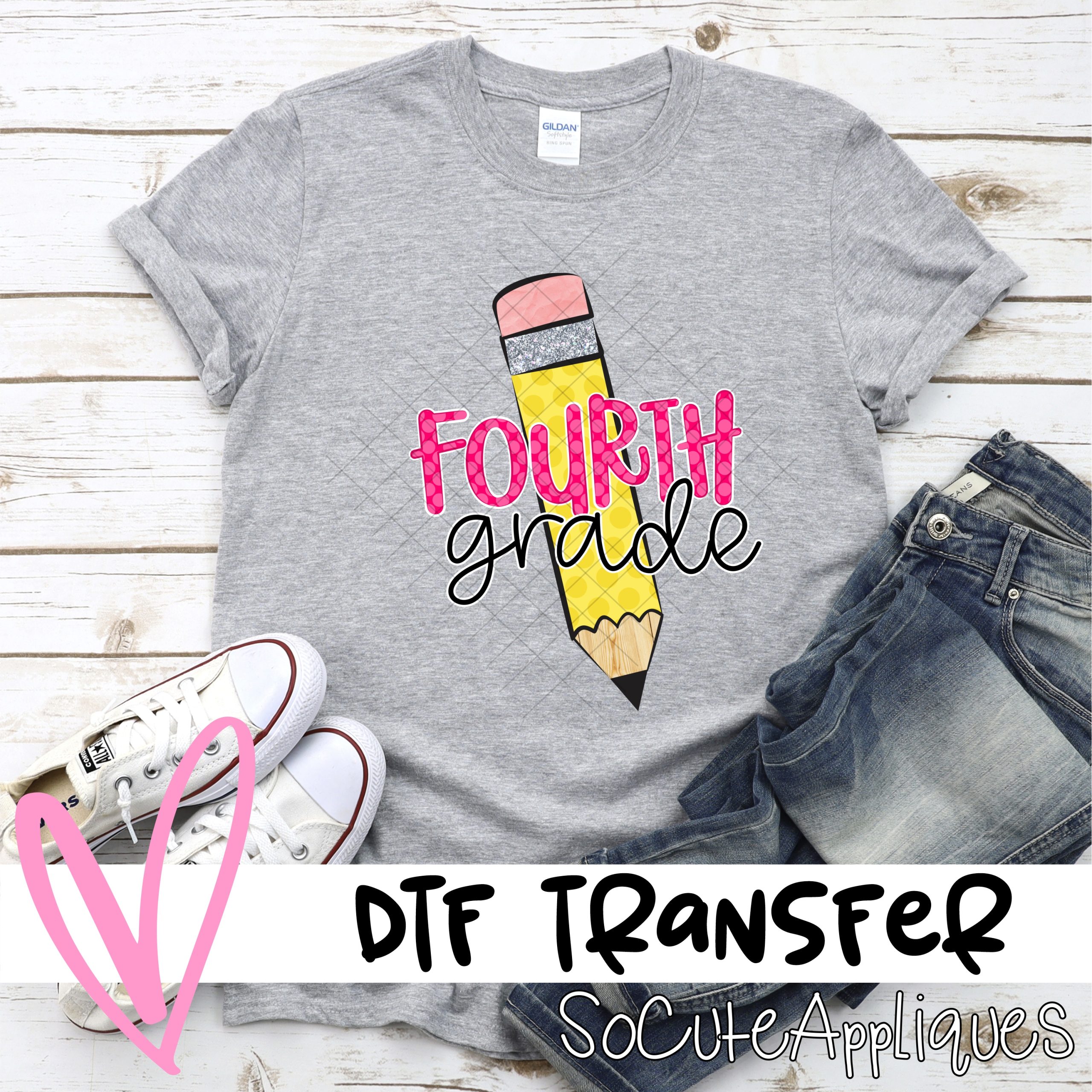 Pencil Fourth grade pink polka dot *DTF* Transfer