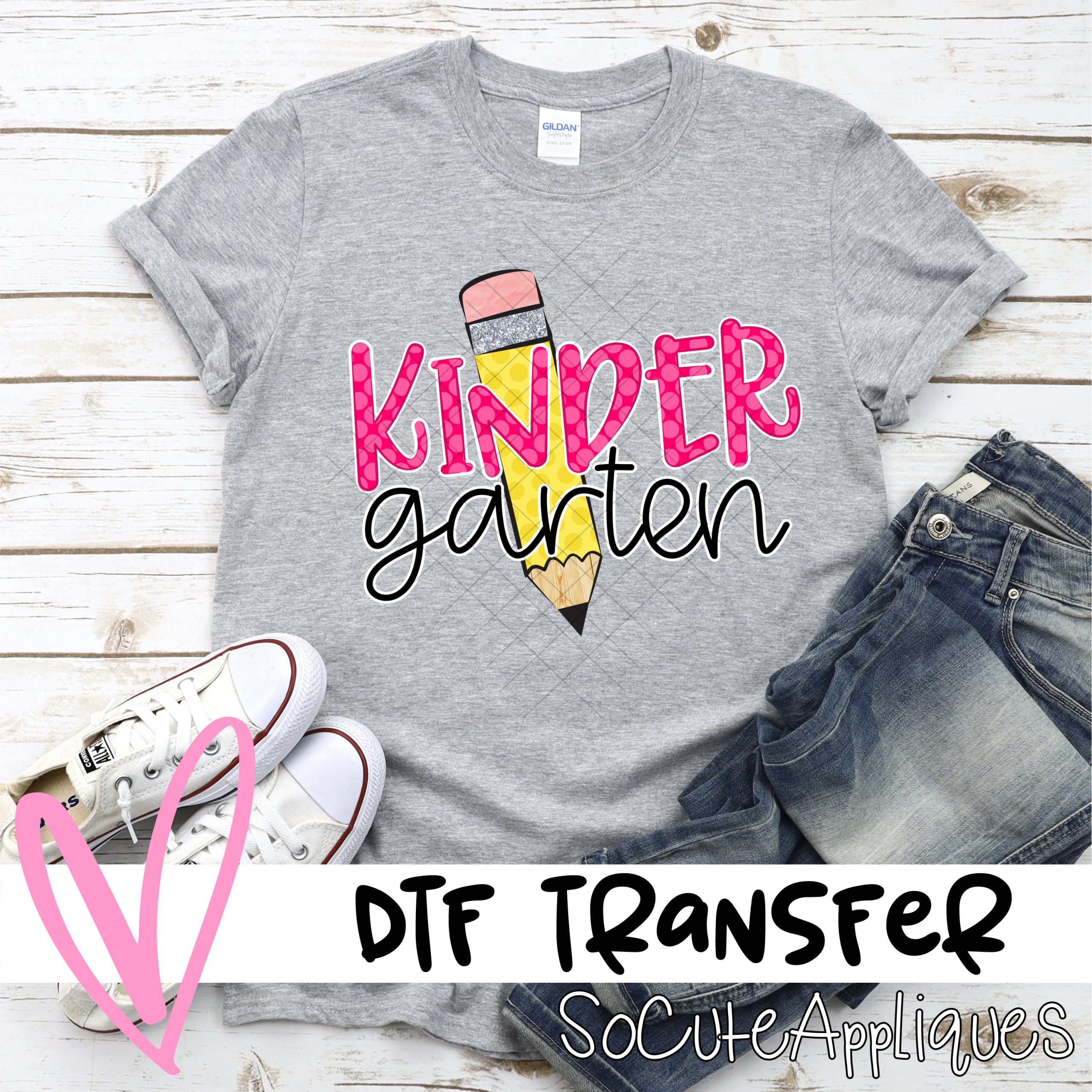 Pencil Kindergarten pink polka dot HORIZONTAL *DTF* Transfer