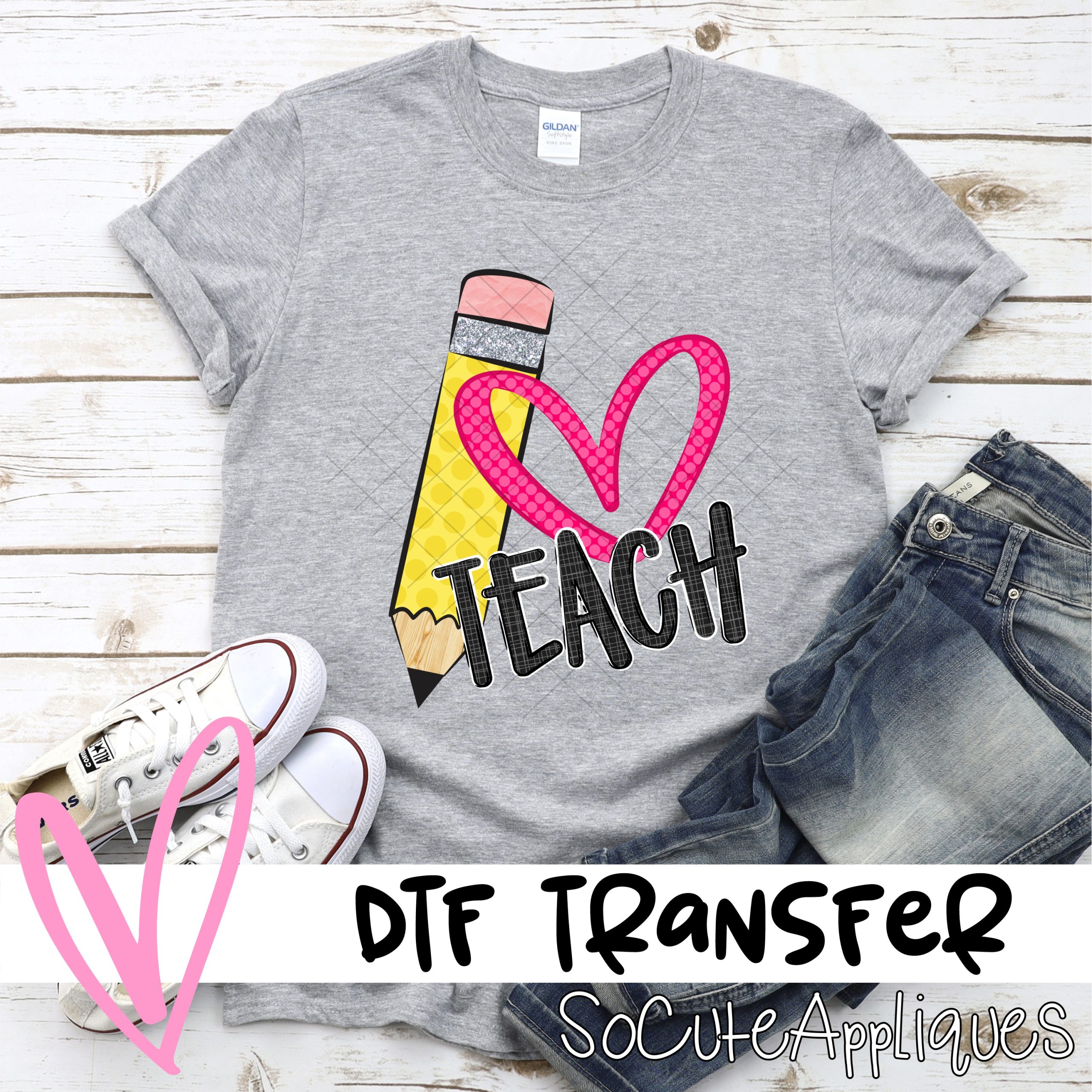 Pencil pink polka dot heart TEACH*DTF* Transfer