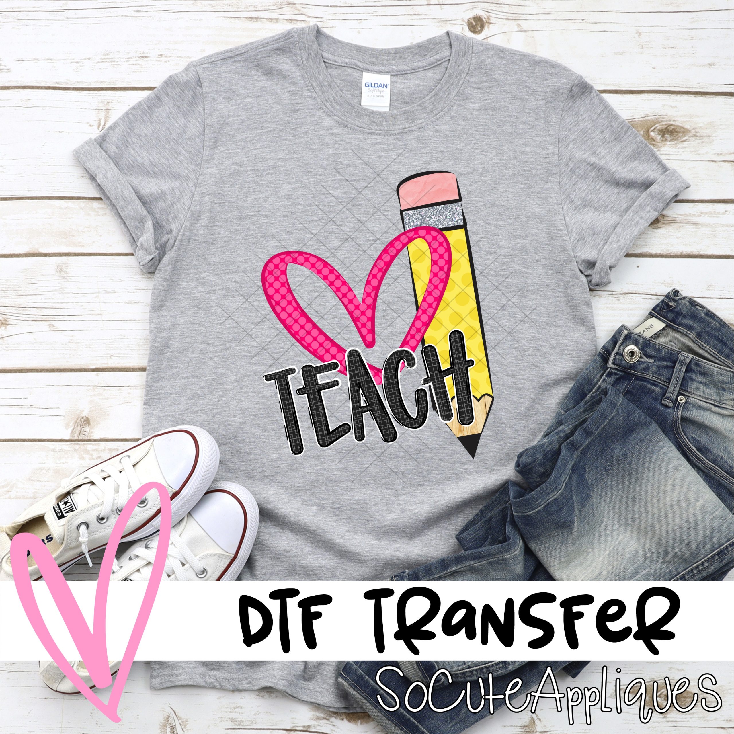Pencil pink polka dot heart TEACH *DTF* Transfer