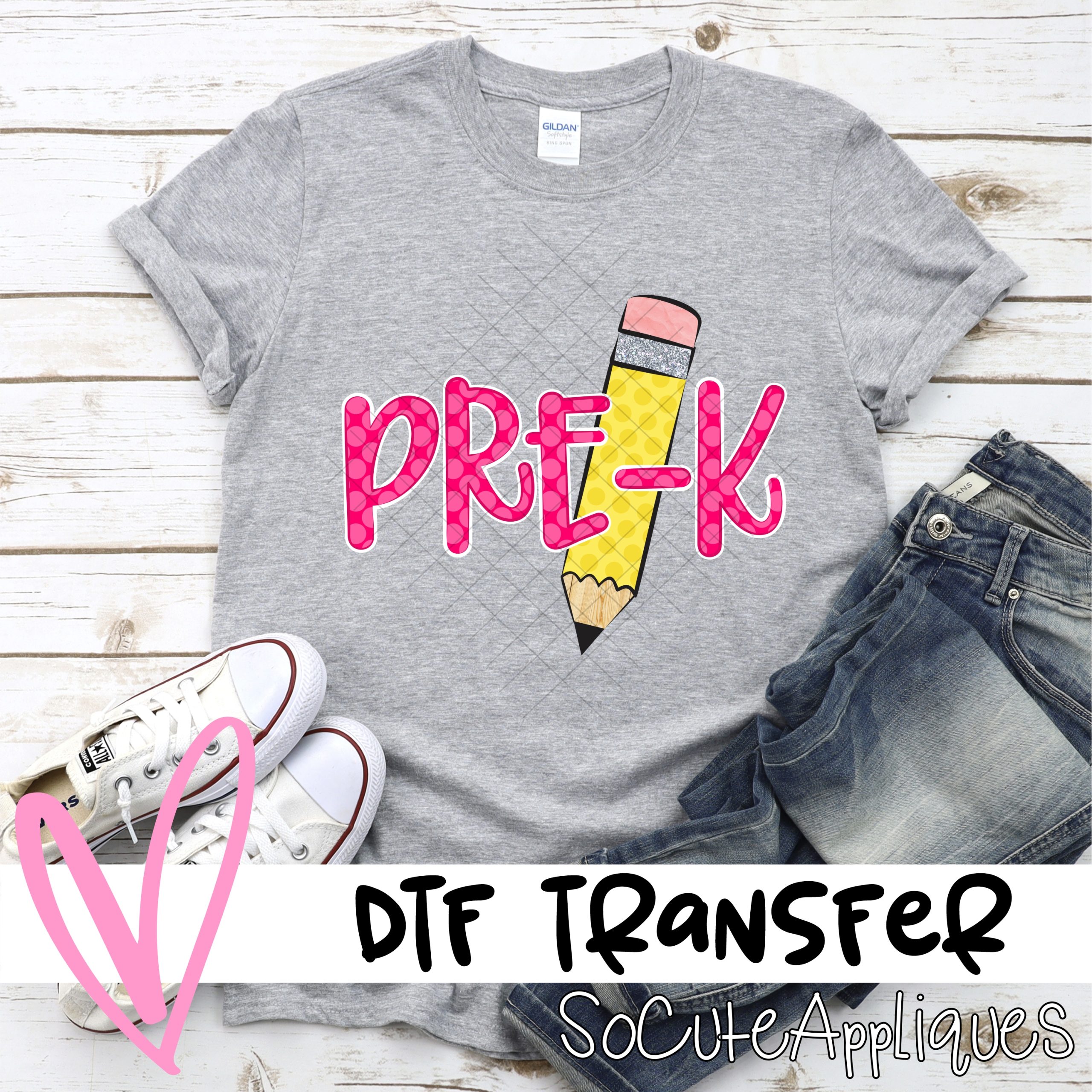 Pencil Pre-K pink polka dot HORIZONTAL *DTF* Transfer