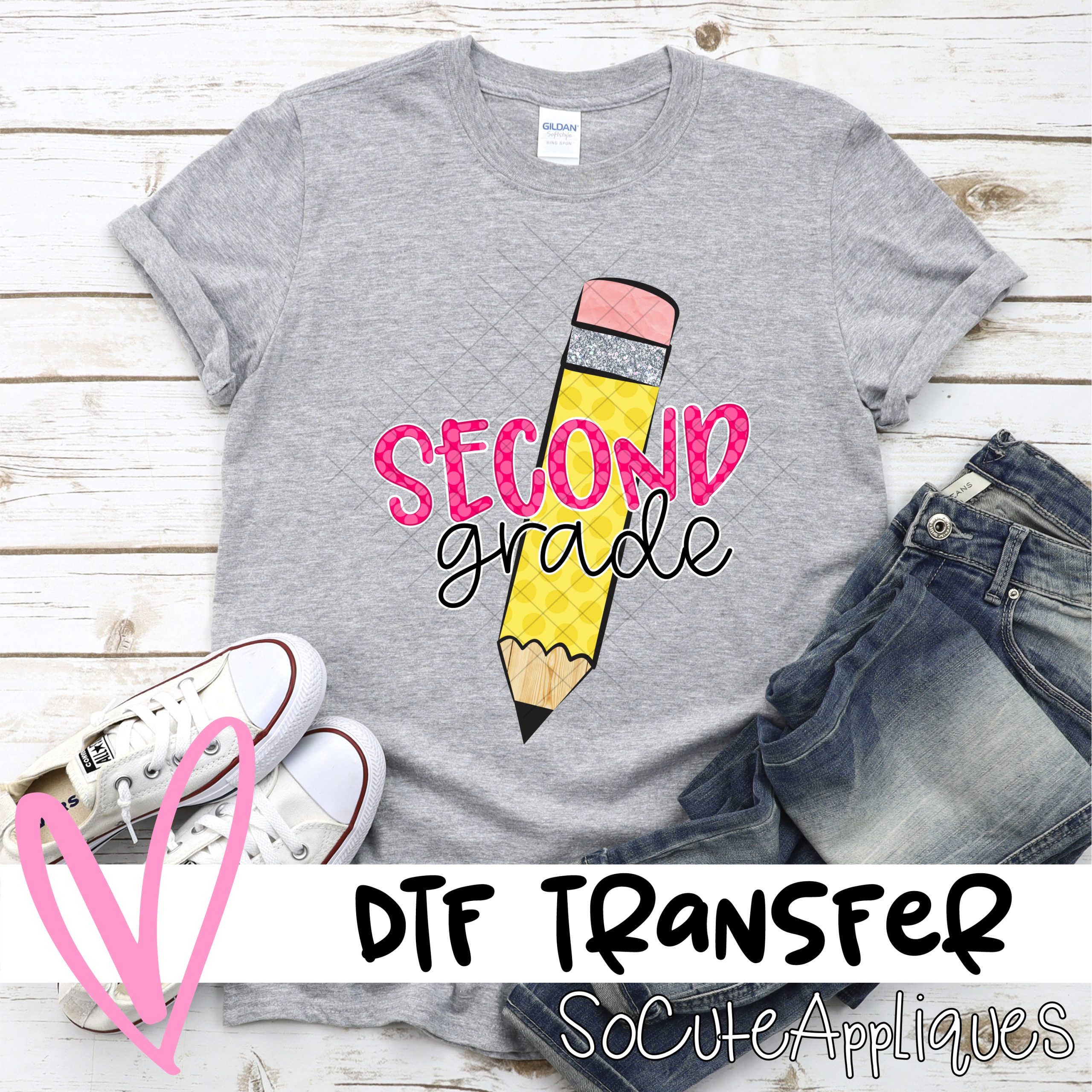Pencil Second grade pink polka dot *DTF* Transfer