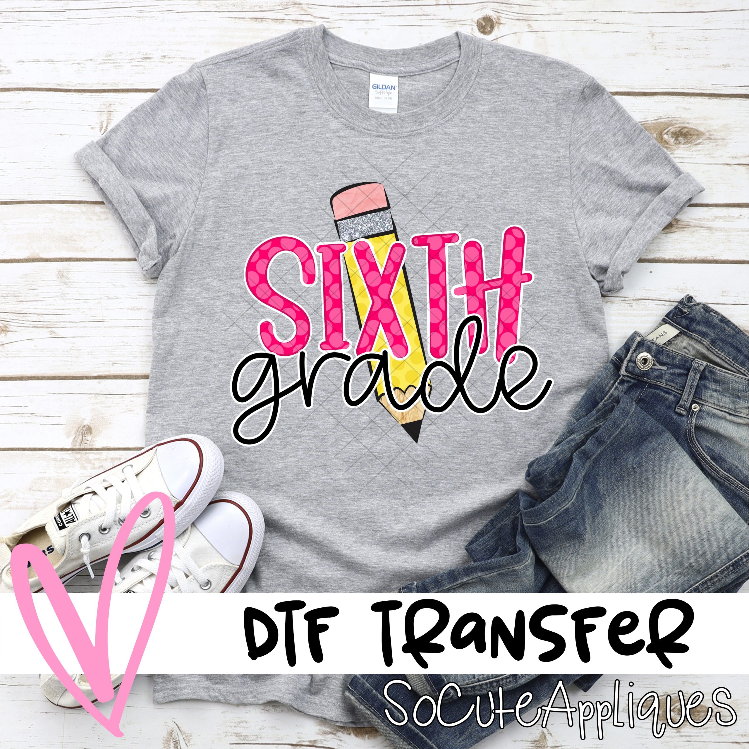 Pencil Sixth grade pink polka dot HORIZONTAL *DTF* Transfer
