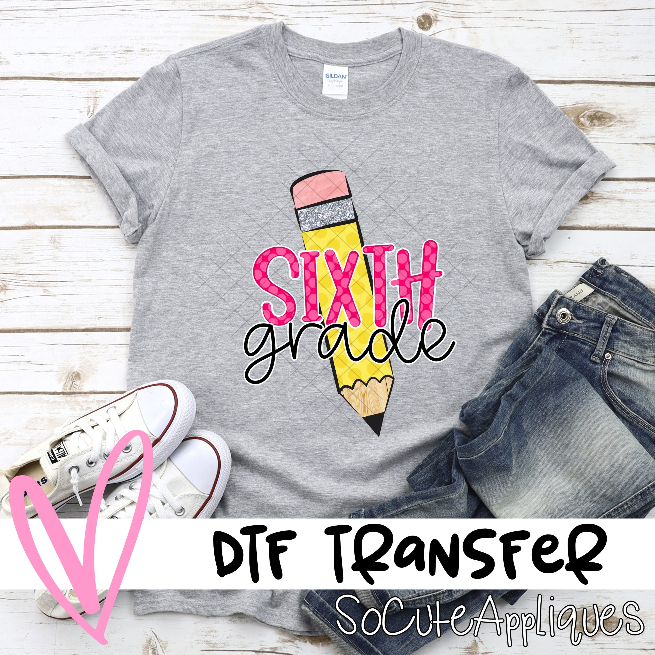Pencil Sixth grade pink polka dot *DTF* Transfer