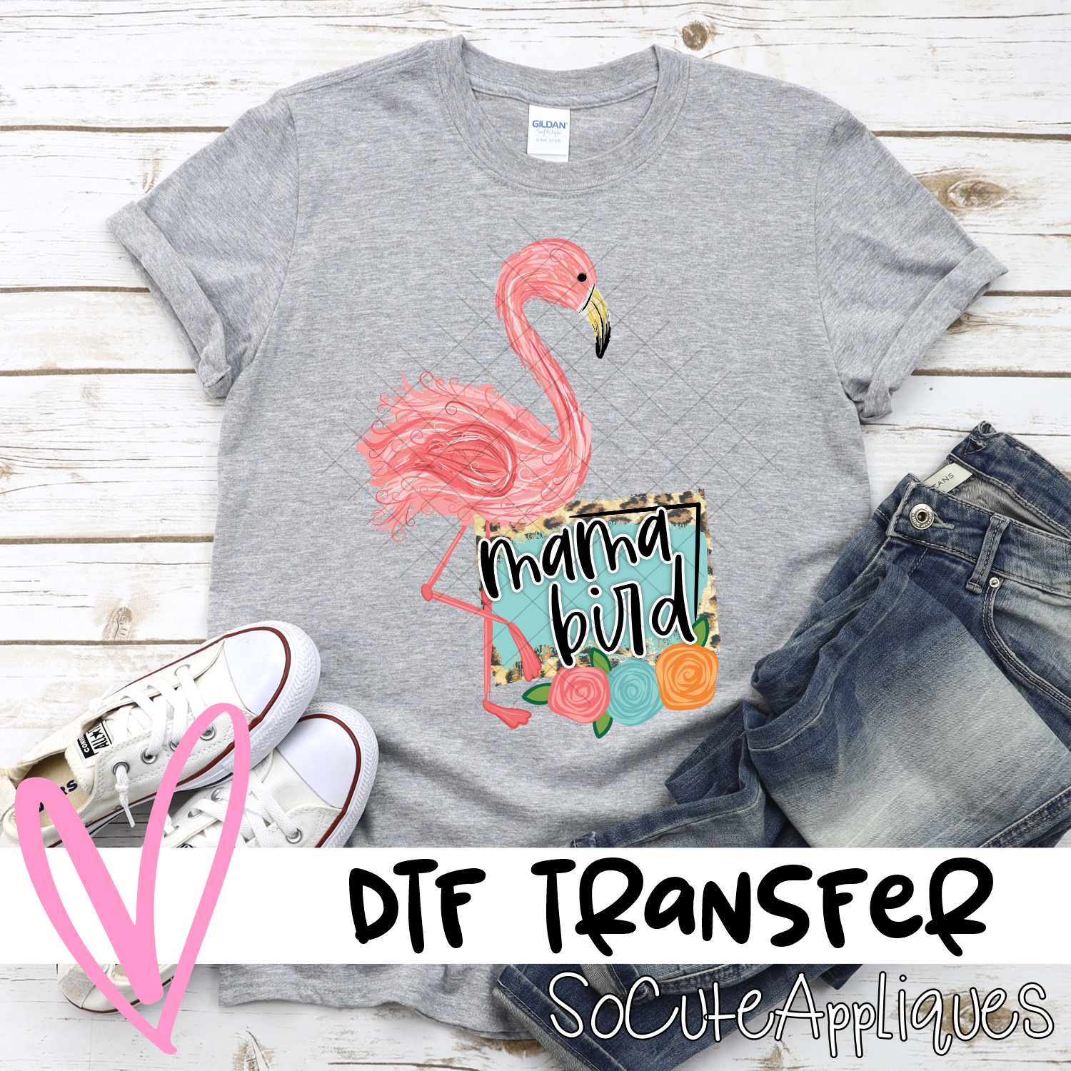 Mama bird flamingo FLOWERS  *DTF* Transfer