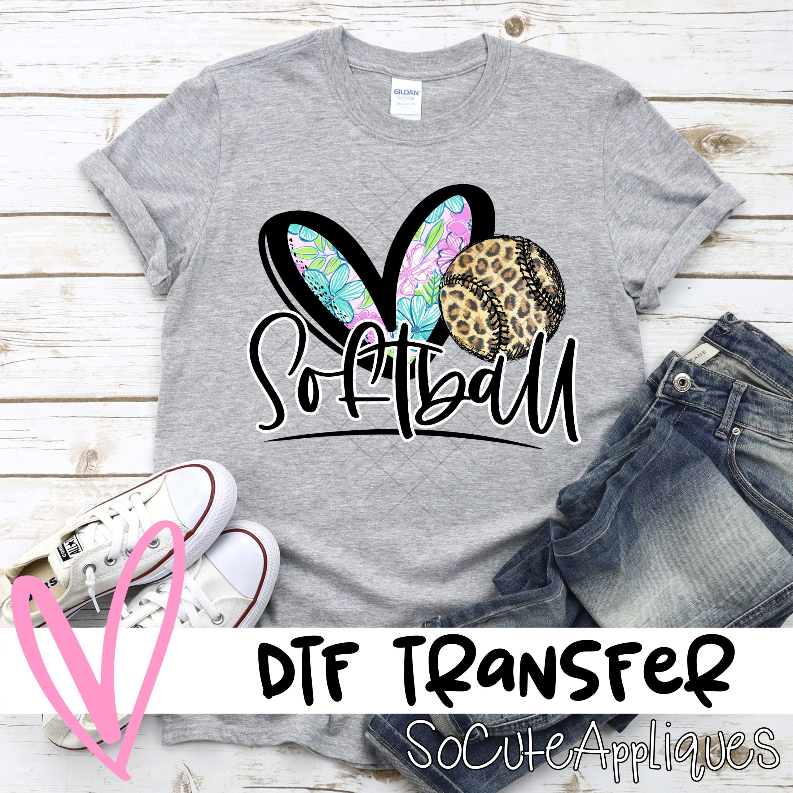 Heart softball pink floral leopard  *DTF* Transfer