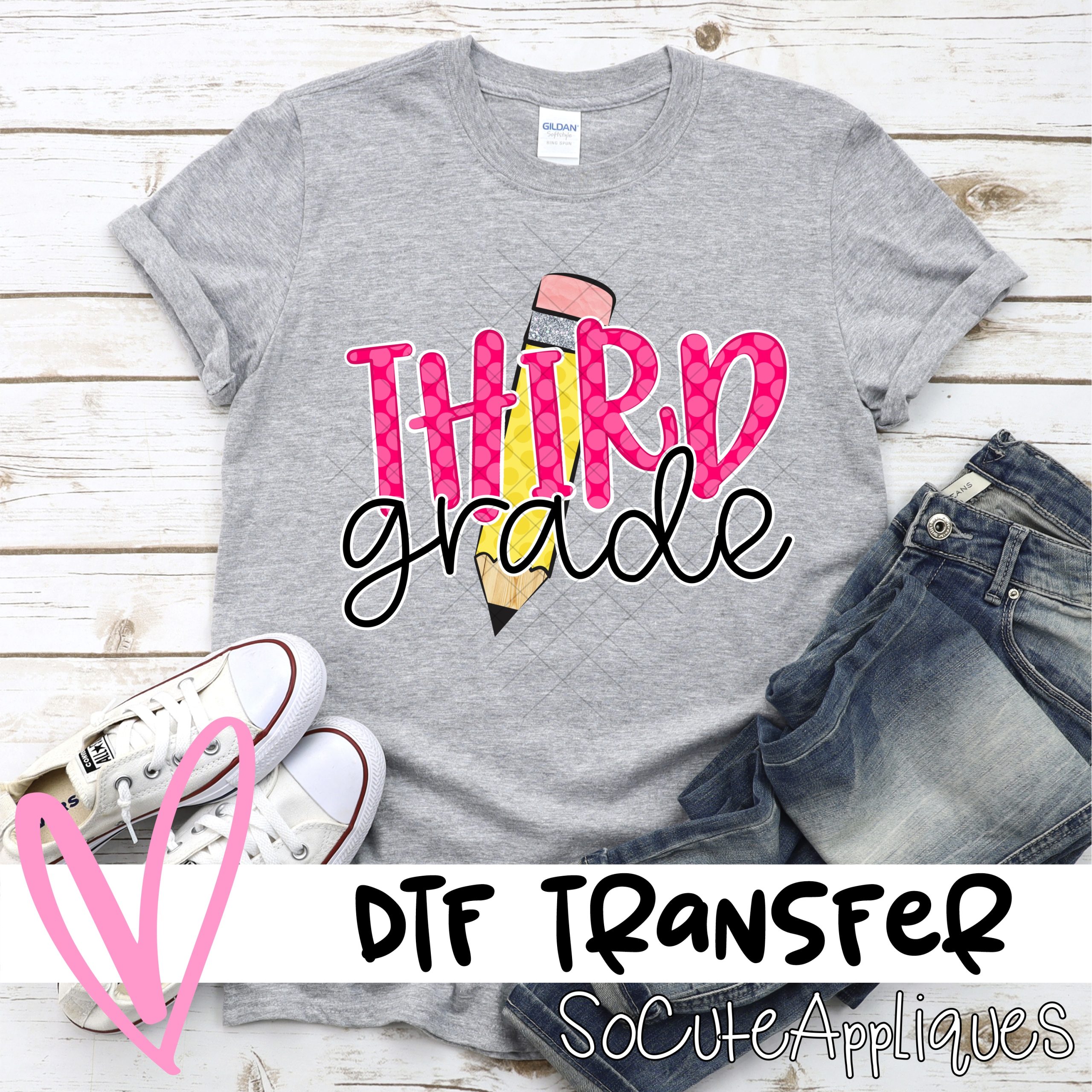 Pencil Third grade pink polka dot HORIZONTAL *DTF* Transfer