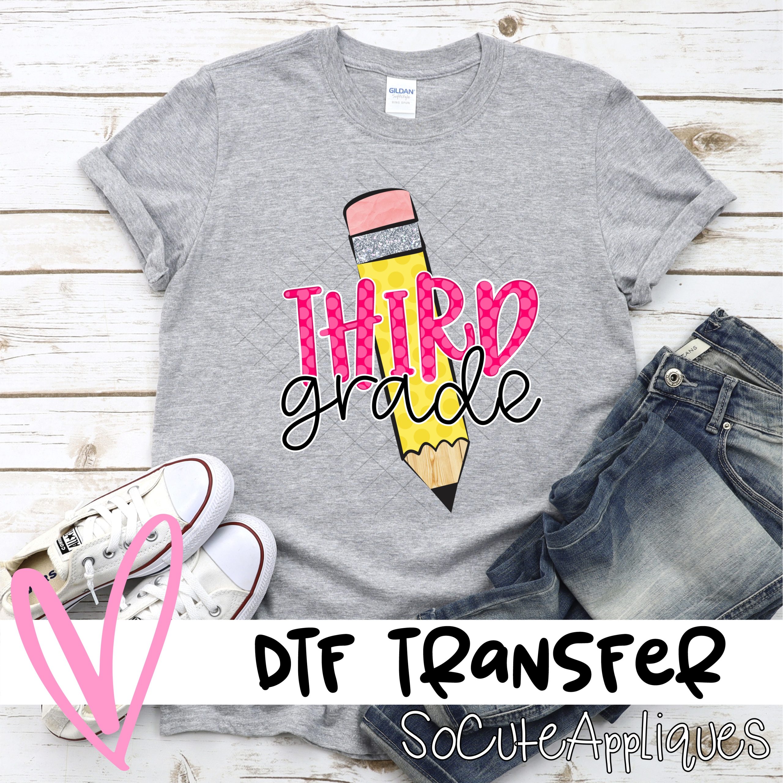 Pencil Third grade pink polka dot *DTF* Transfer