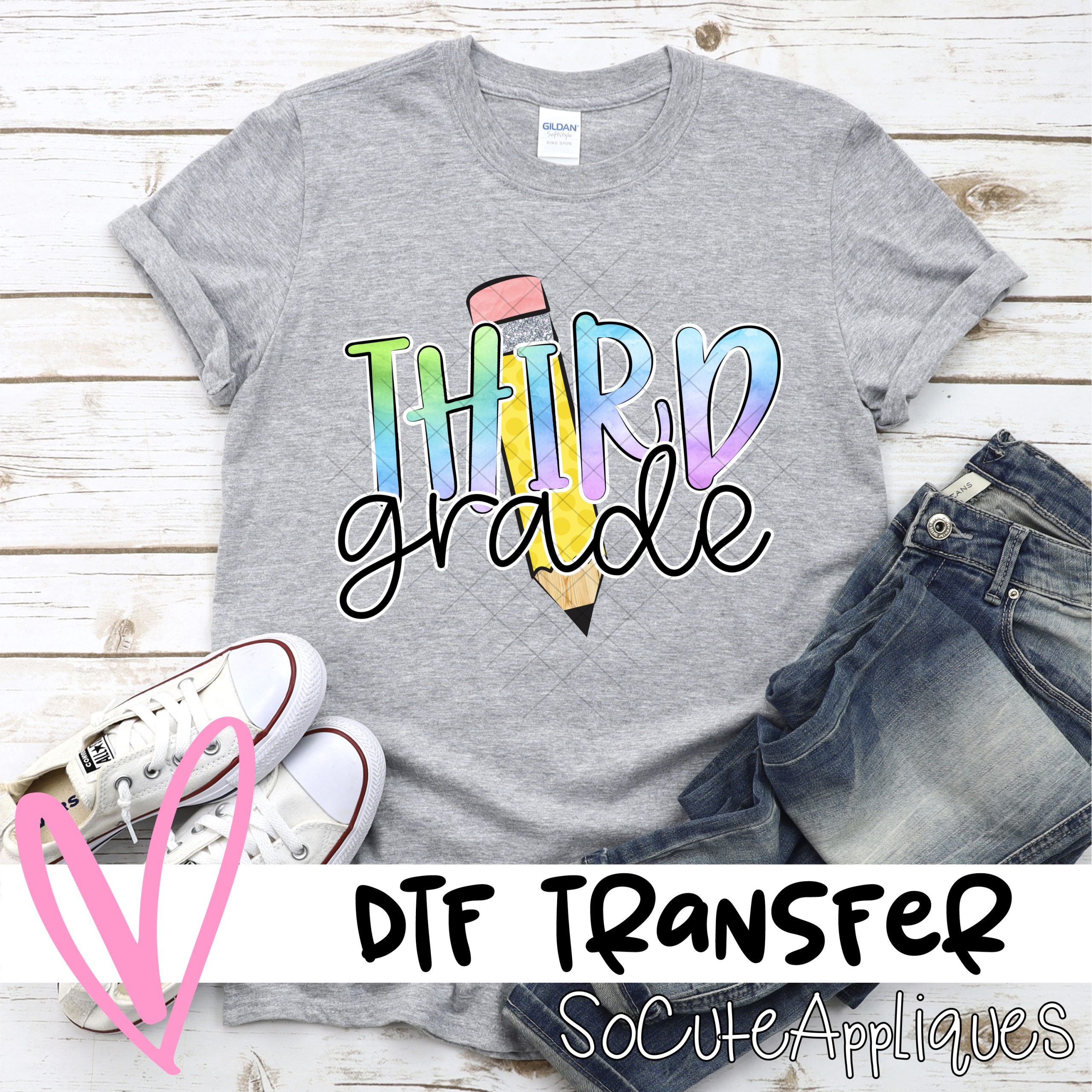 Pencil Third grade watercolor HORIZONTAL *DTF* Transfer