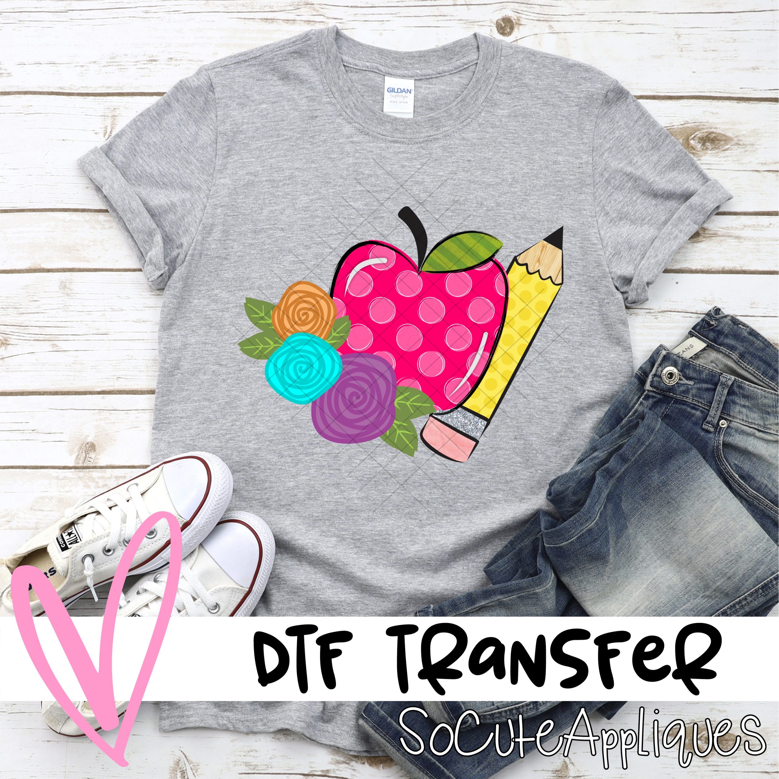 Pink polka dot apple with pencil *DTF* Transfer