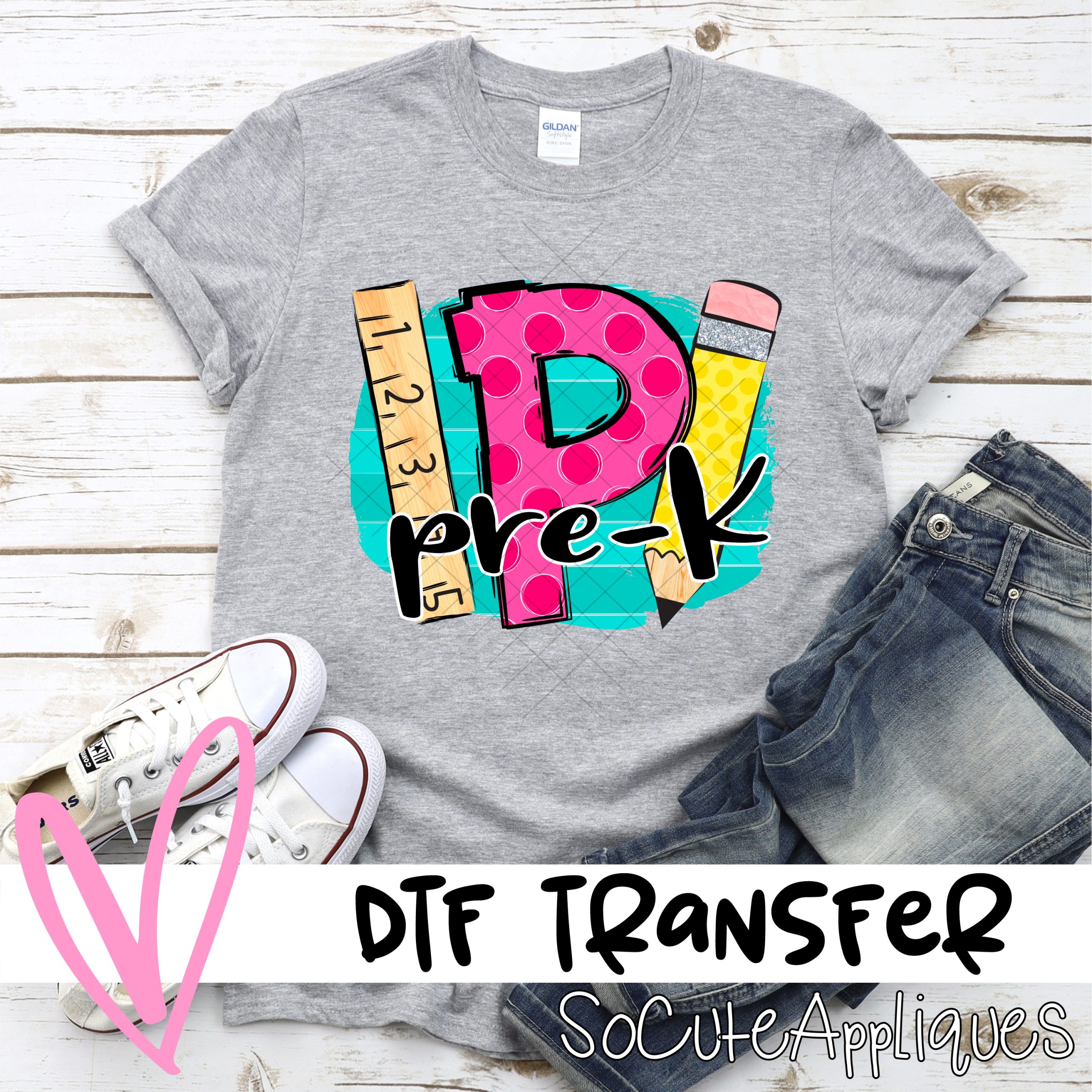 PreK polka dot letter on blue stripe with pencil and ruler *DTF* Transfer