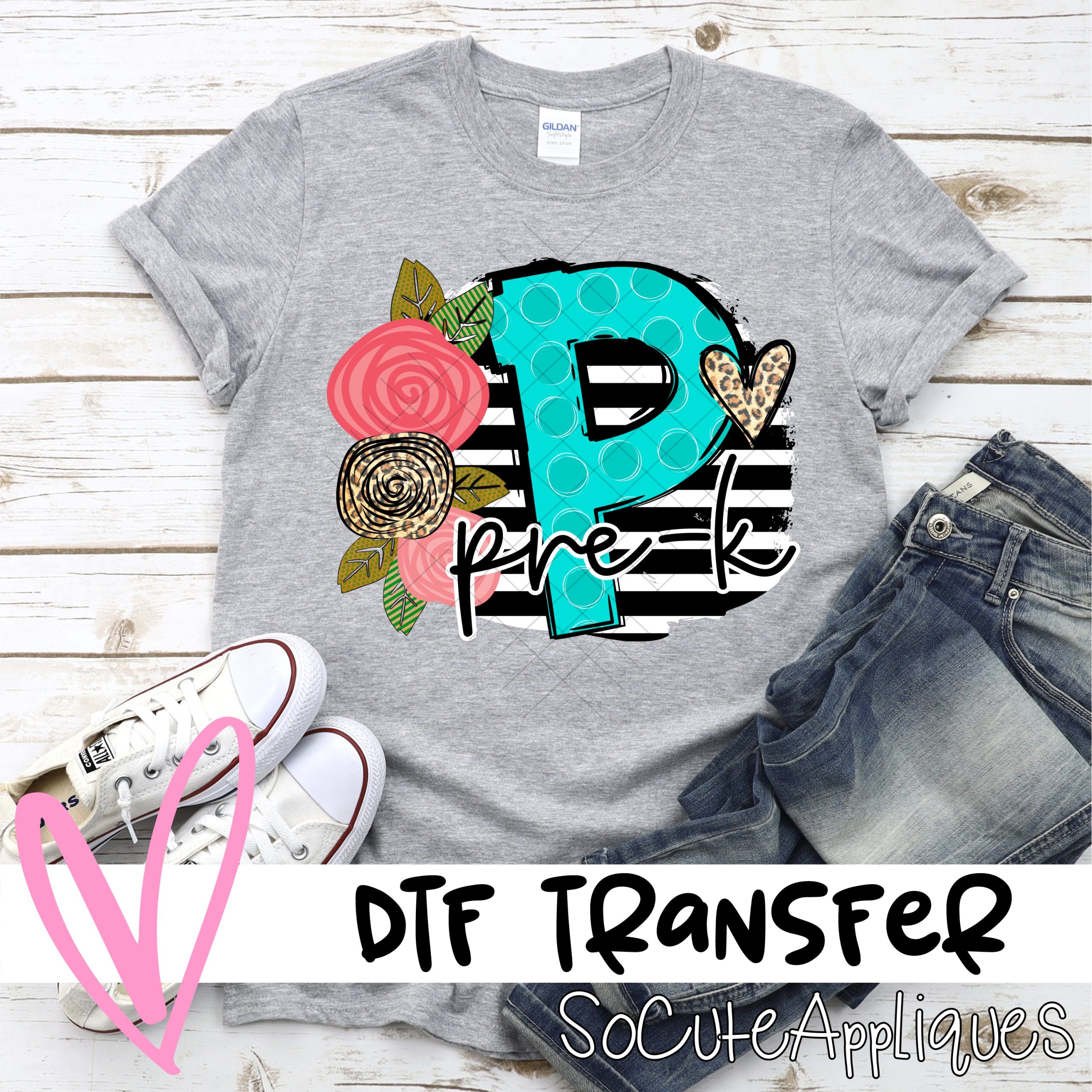 PreK polka dot letter with roses on black stripe *DTF* Transfer