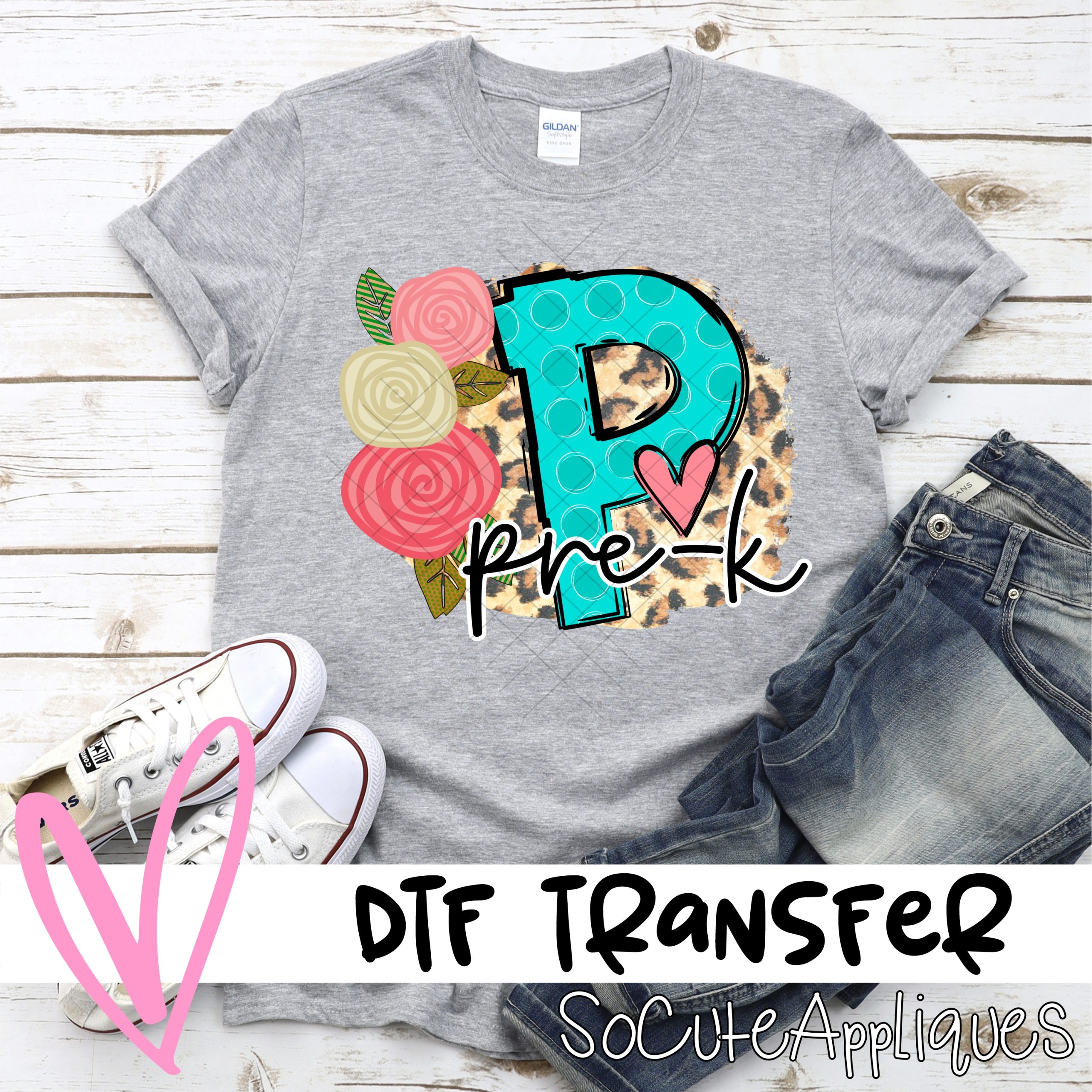 PreK polka dot letter with roses on leopard *DTF* Transfer