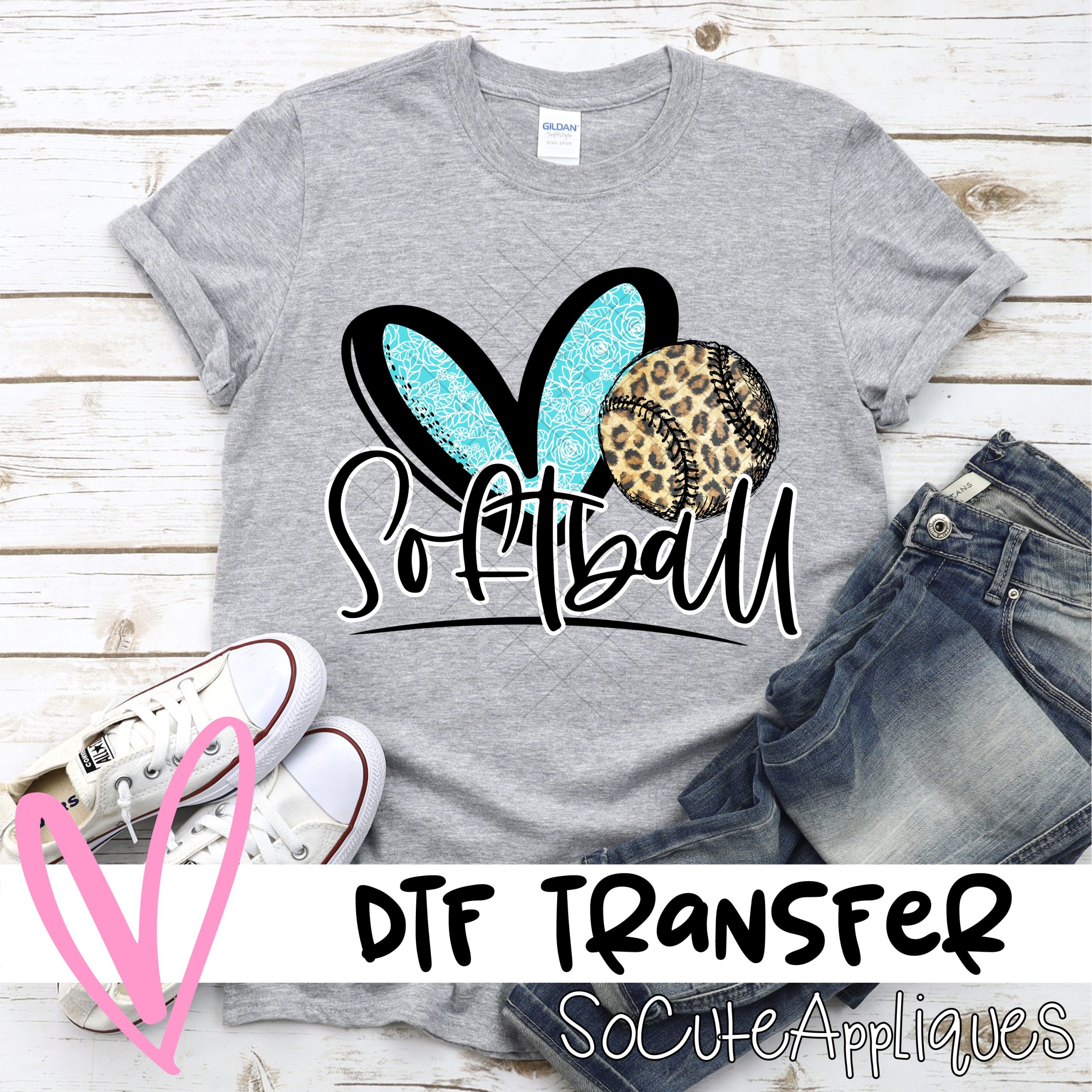 Heart softball blue flower leopard  *DTF* Transfer