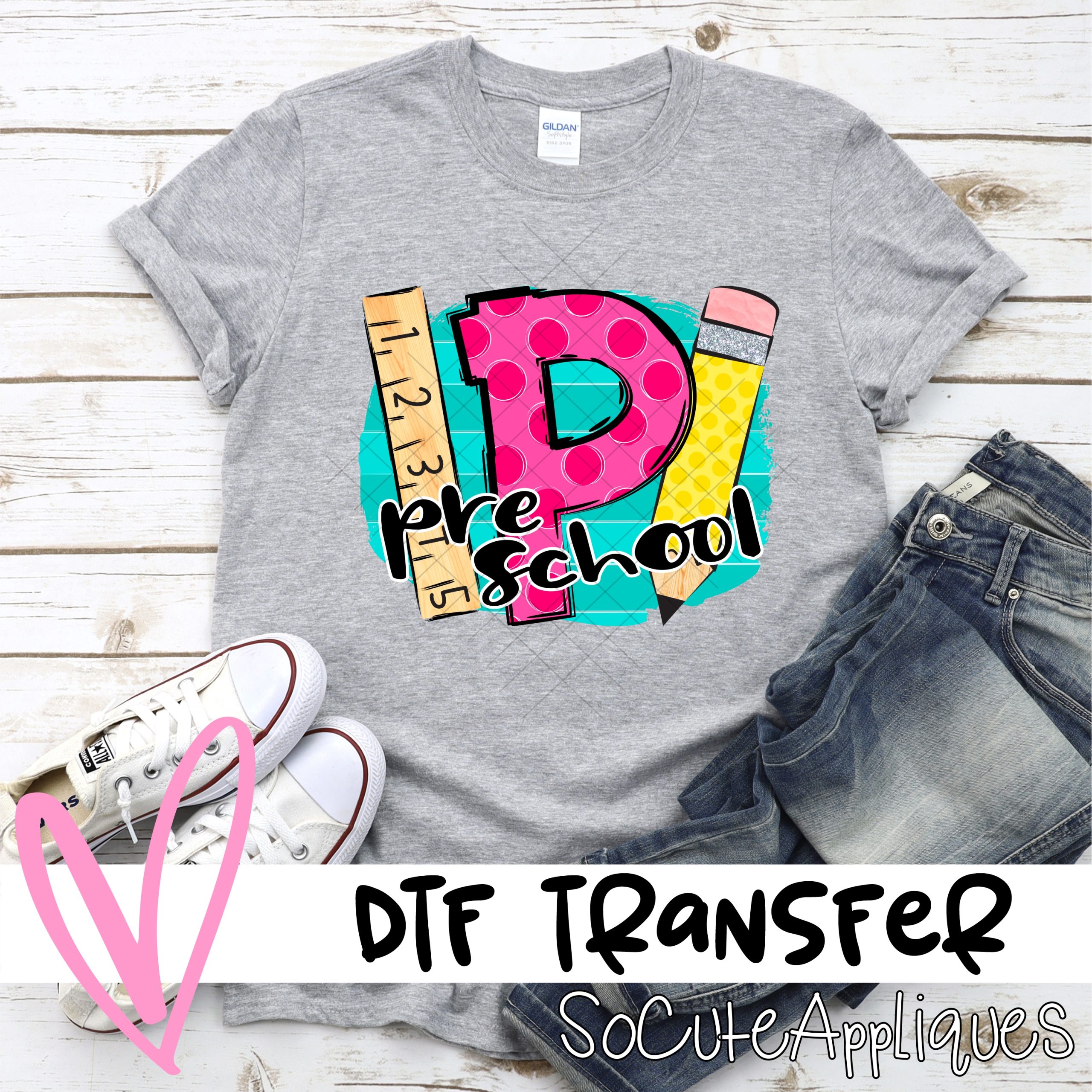 Preschool polka dot letter on blue stripe with pencil and ruler *DTF* Transfer