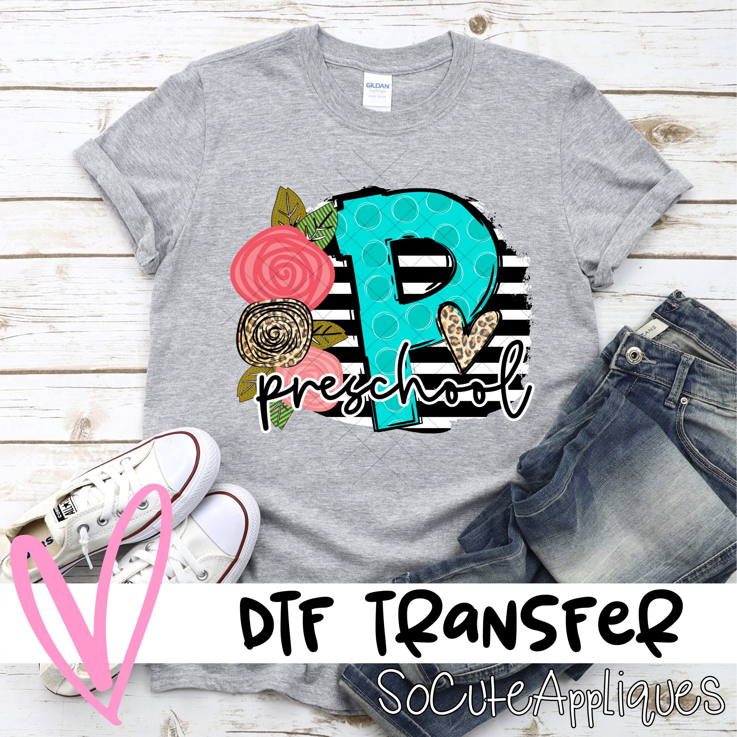 Preschool polka dot letter with roses on black stripe *DTF* Transfer