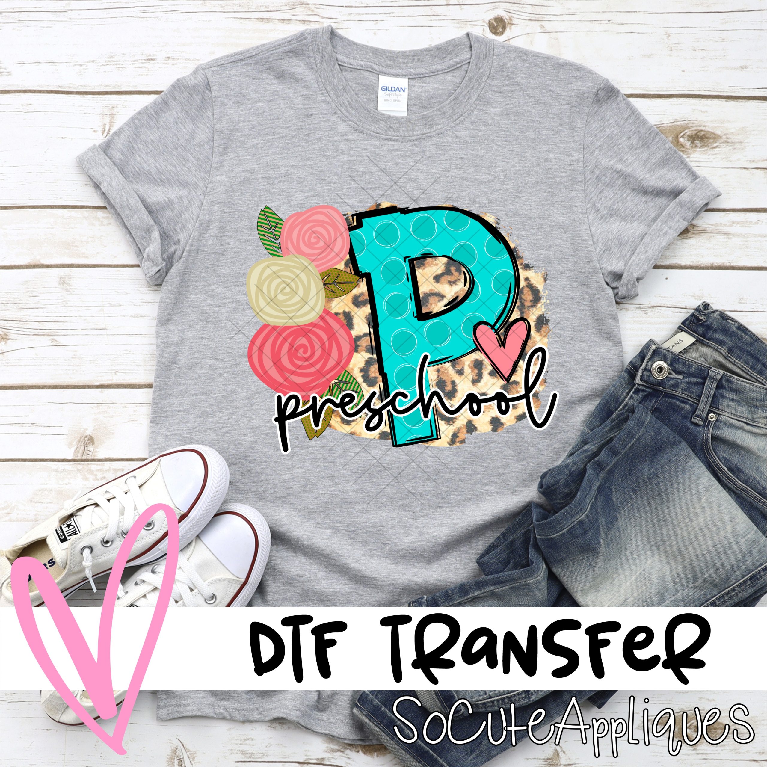 Preschool polka dot letter with roses on leopard *DTF* Transfer
