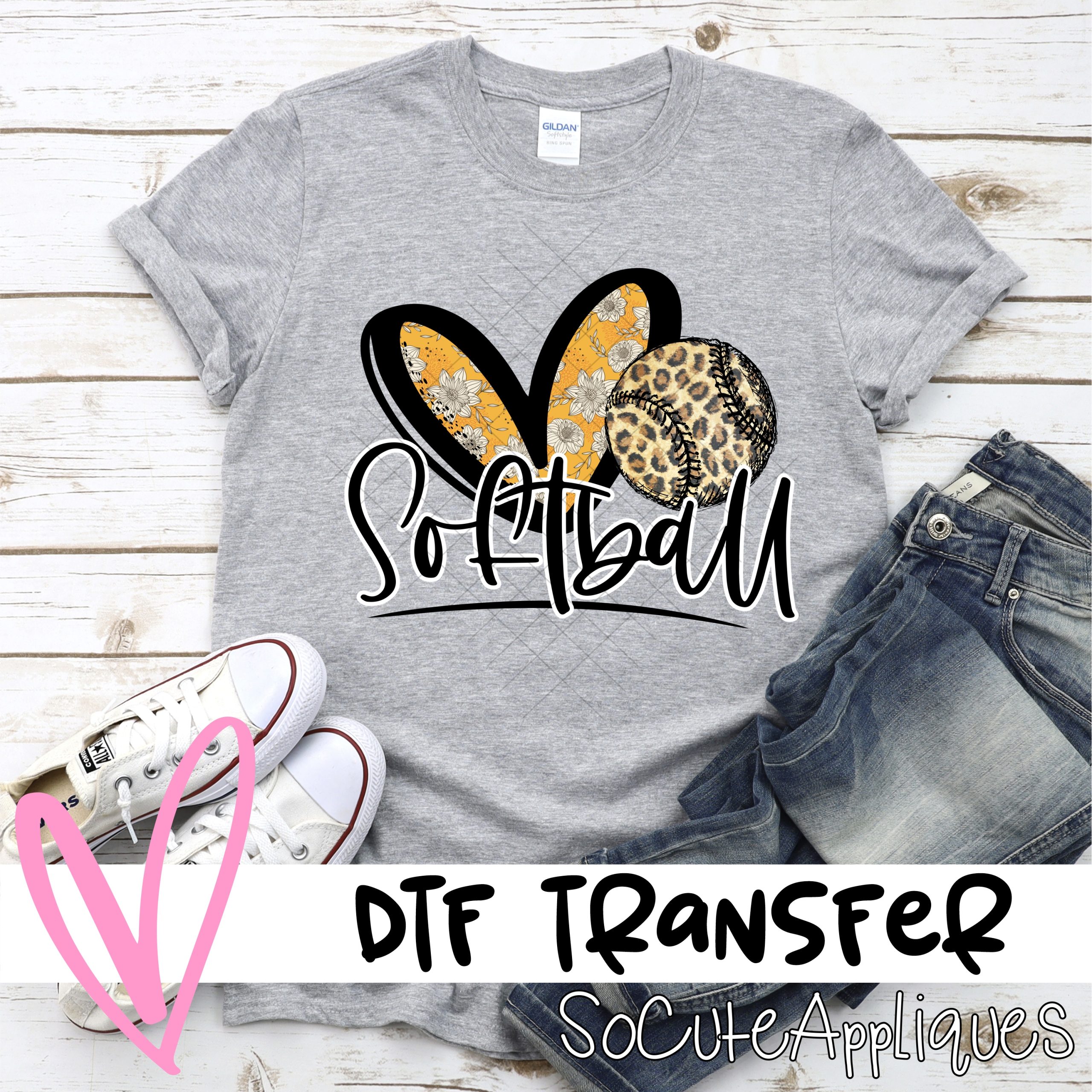 Heart softball yellow flower leopard  *DTF* Transfer