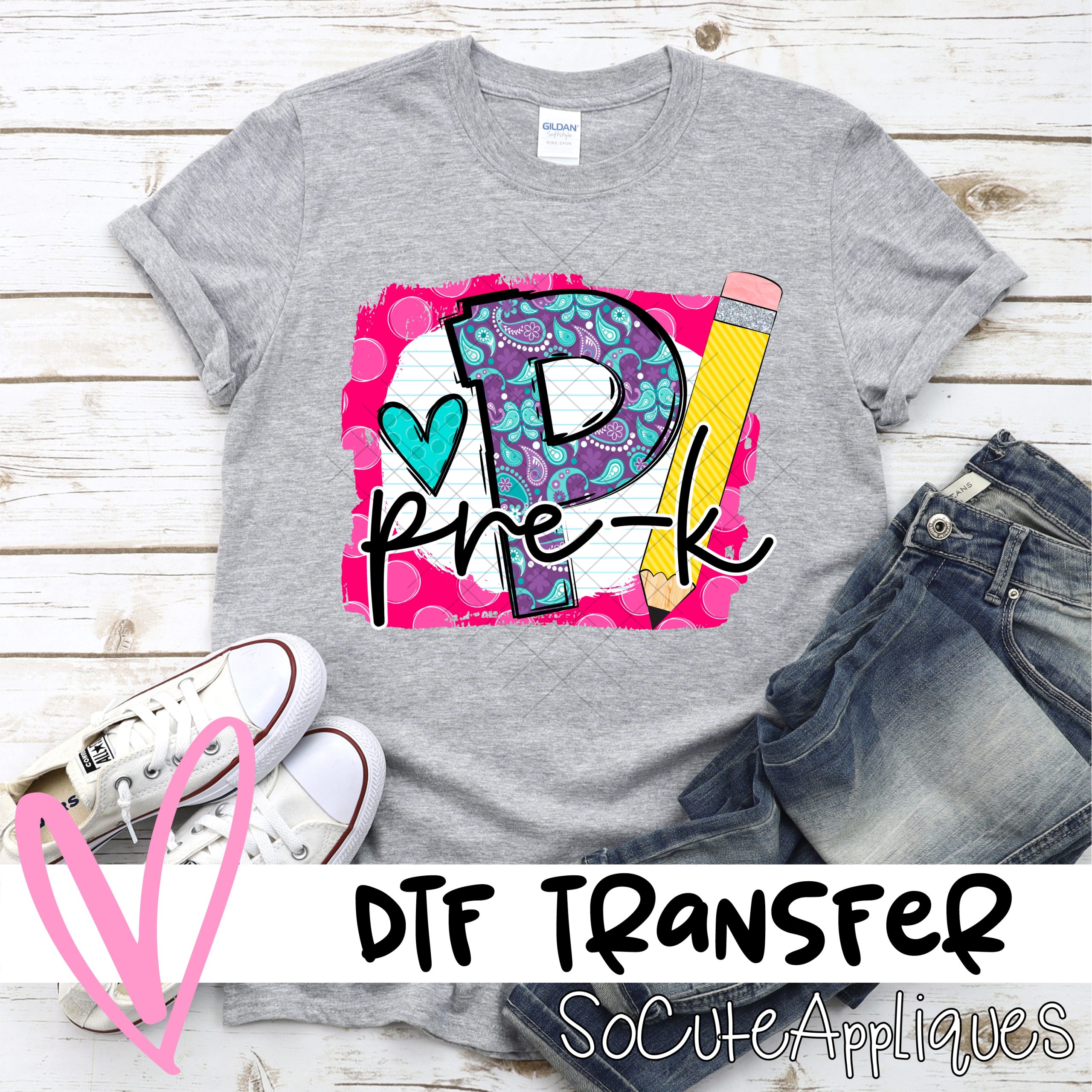 Purple paisley PreK pencil on pink dot *DTF* Transfer