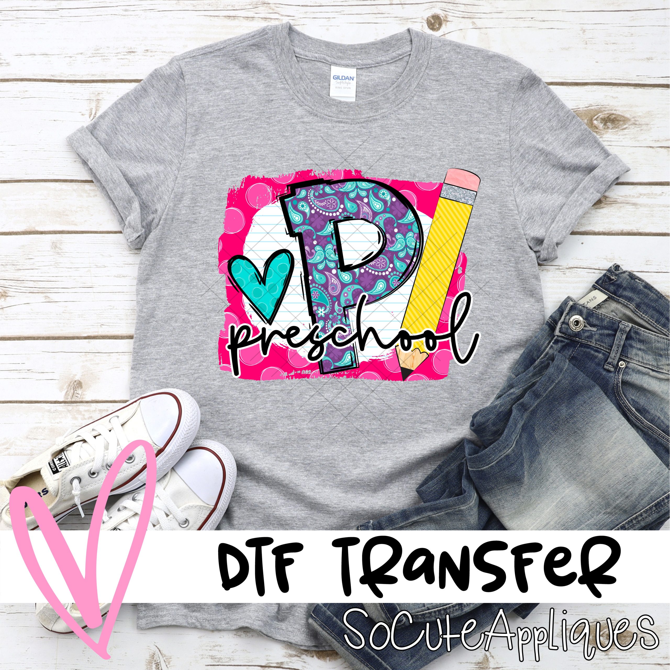Purple paisley Preschool pencil on pink dot *DTF* Transfer