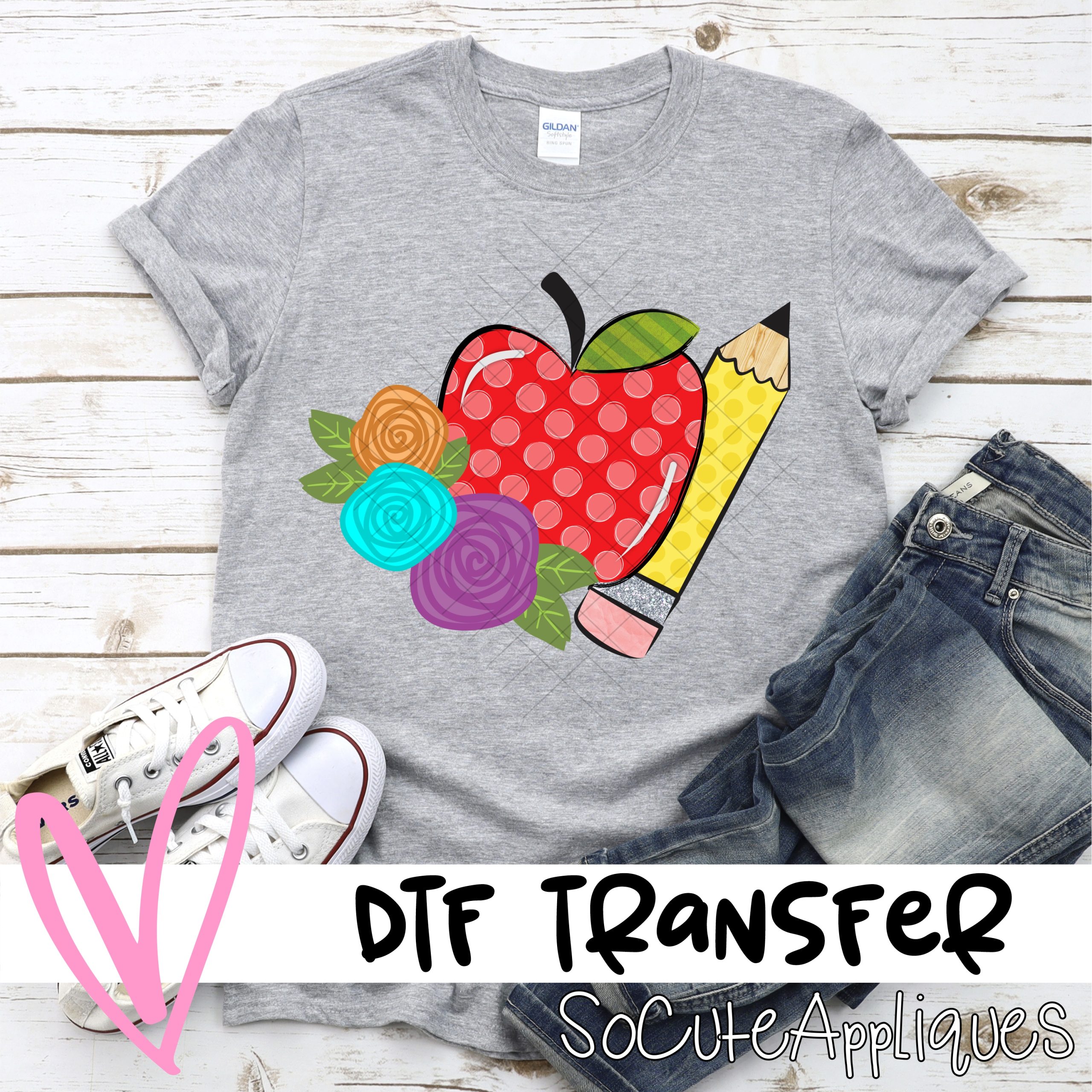 Red polka dot apple with pencil *DTF* Transfer