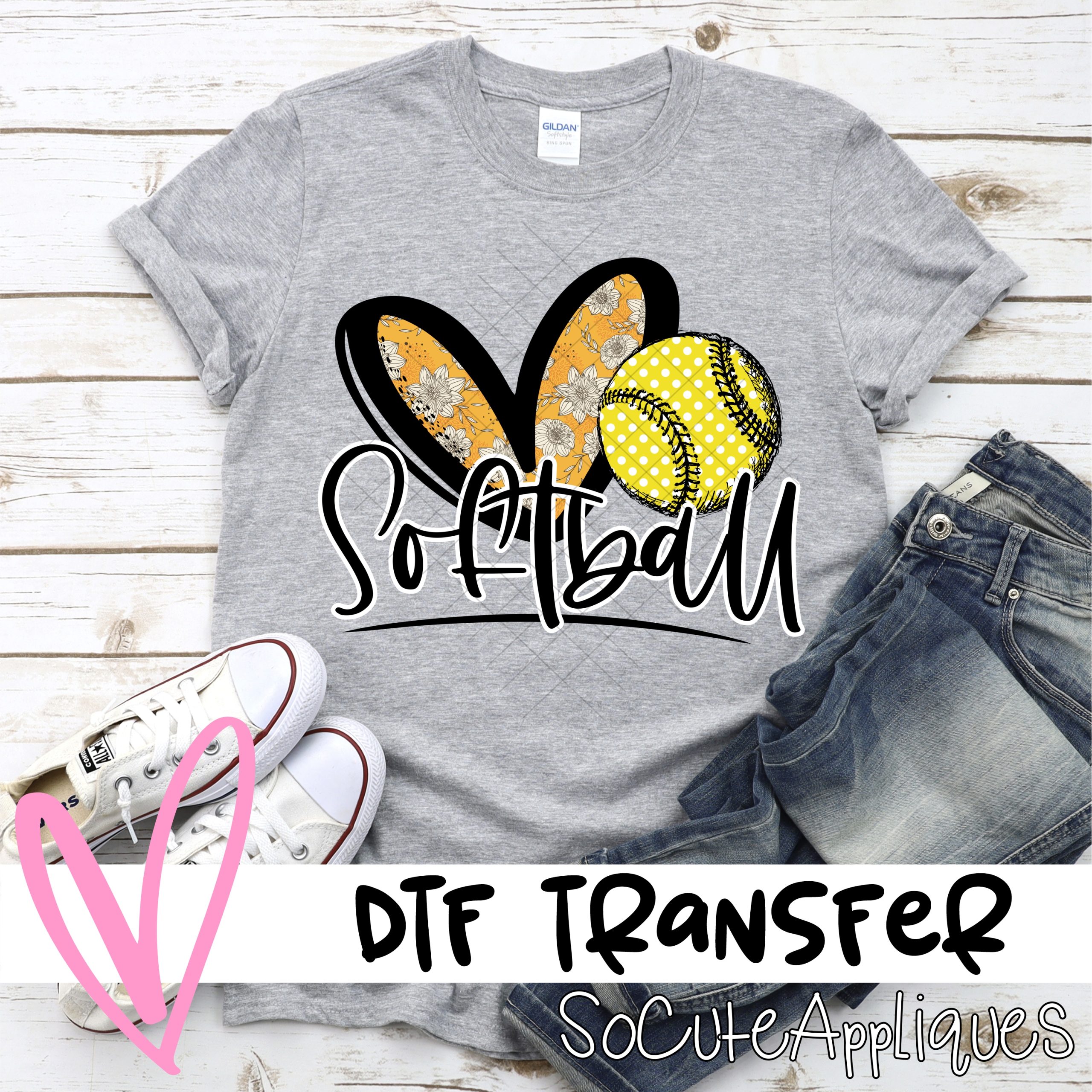 Heart softball yellow flower yellow  *DTF* Transfer