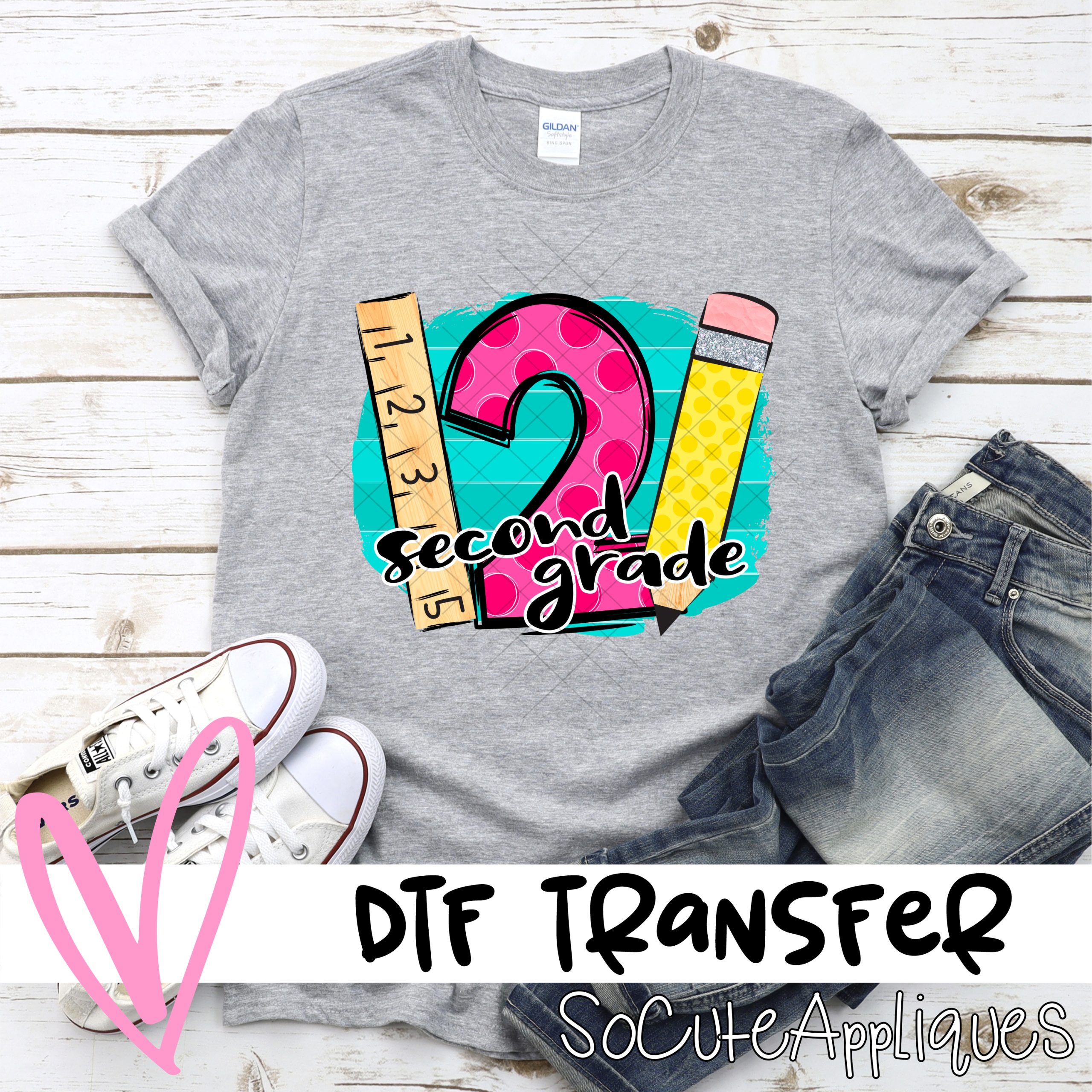 Second Grade polka dot letter on blue stripe with pencil and ruler *DTF* Transfer