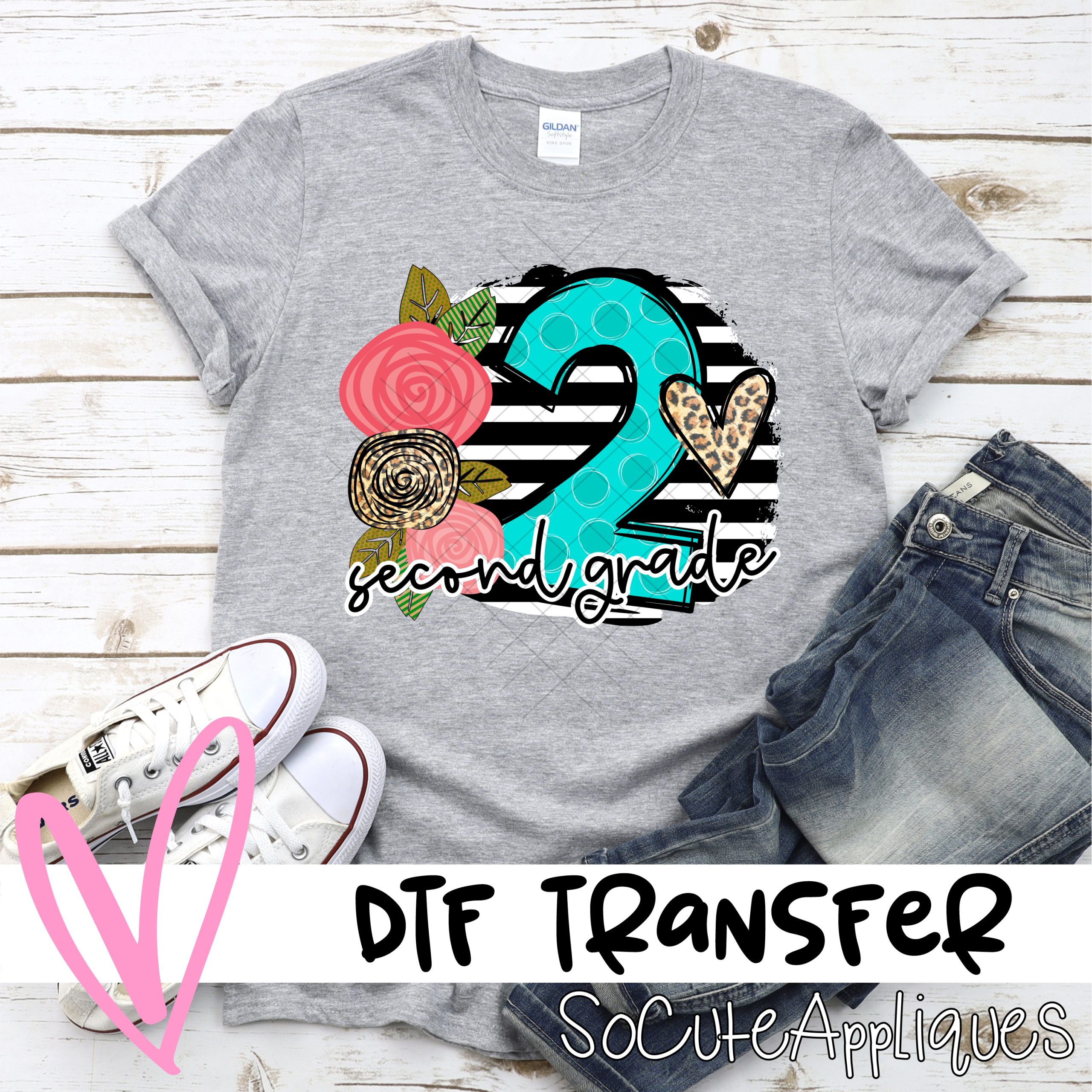 Second Grade polka dot letter with roses on black stripe *DTF* Transfer