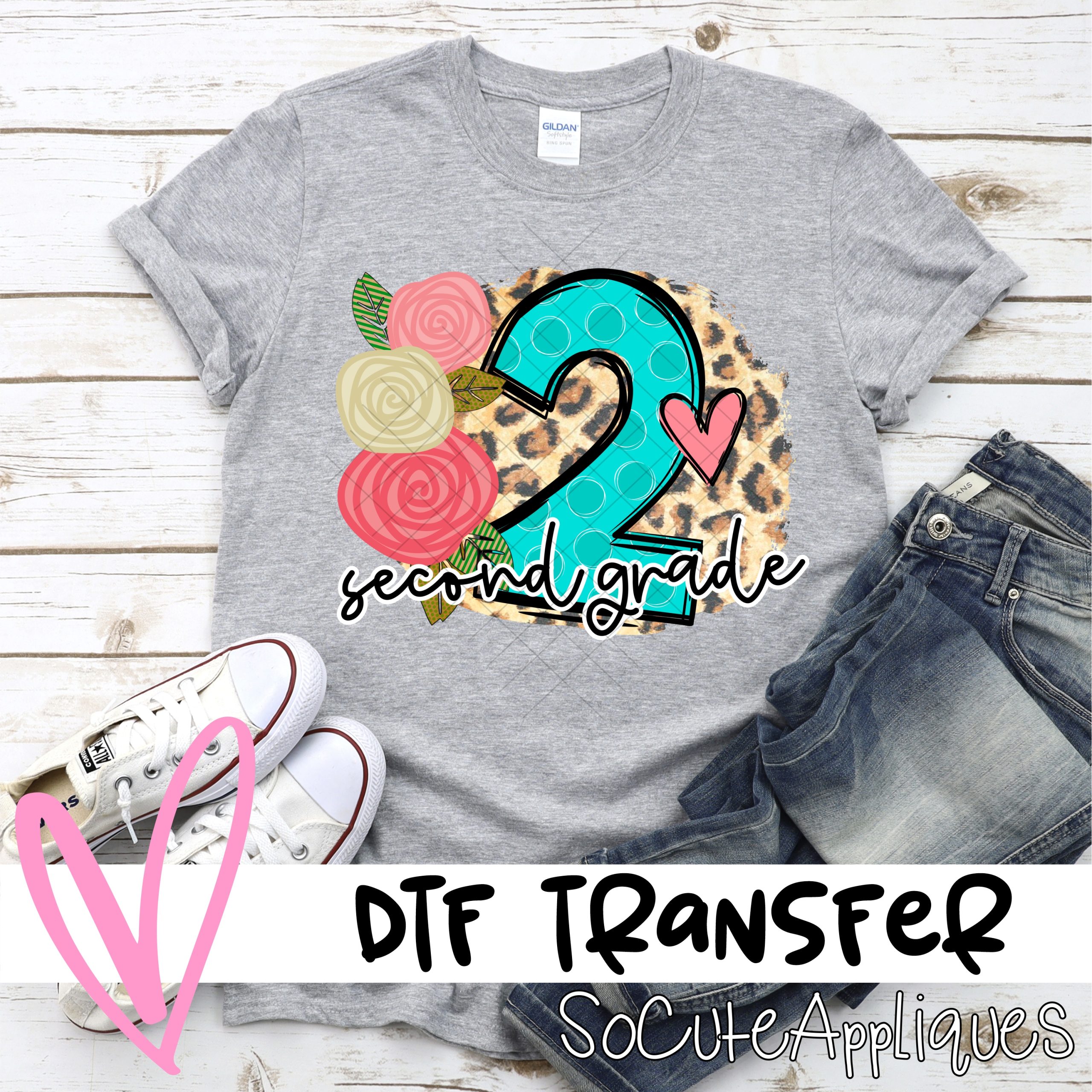 Second grade polka dot letter with roses on leopard *DTF* Transfer
