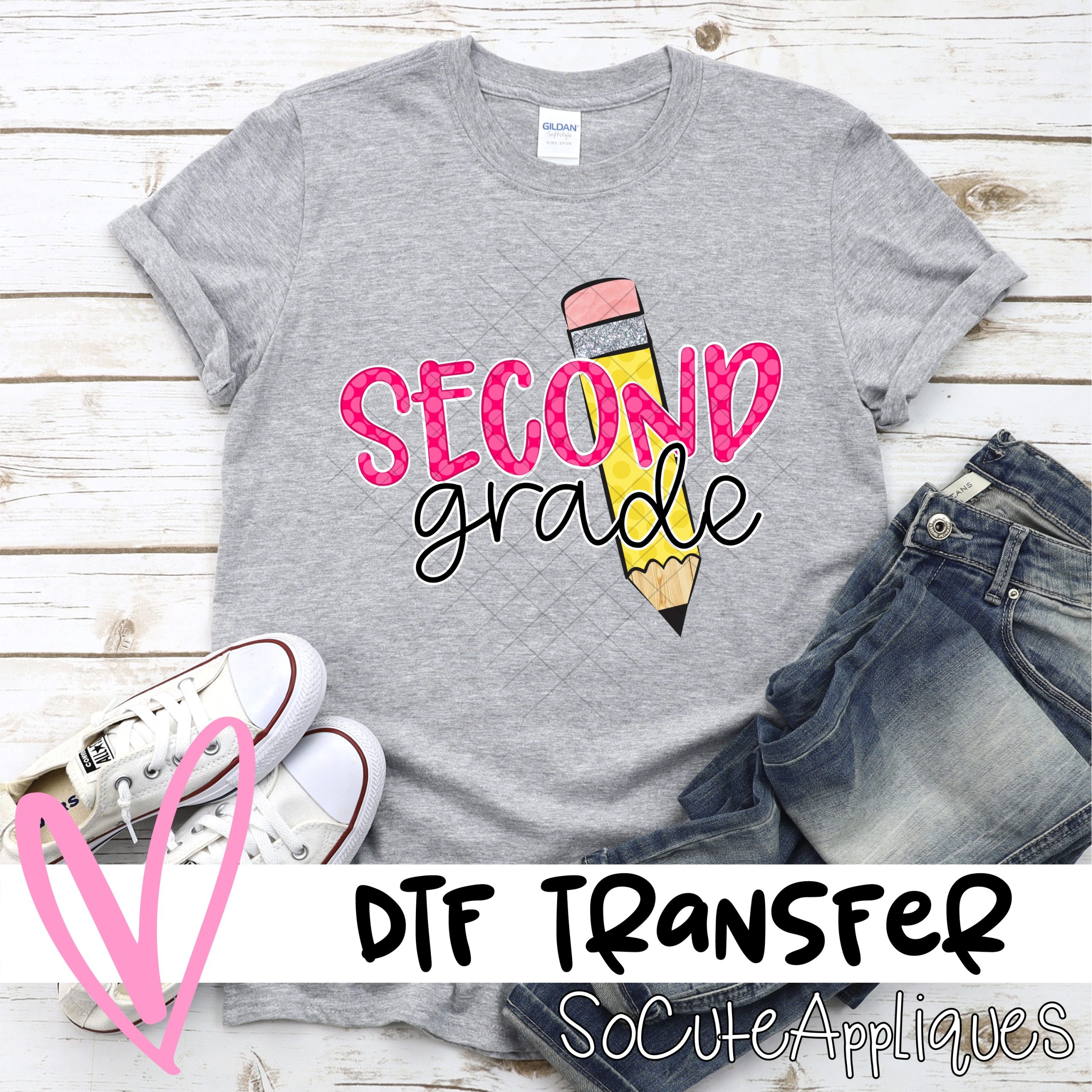 Second Grade Striped Heart Pencil Horizontal *dtf* Transfer 