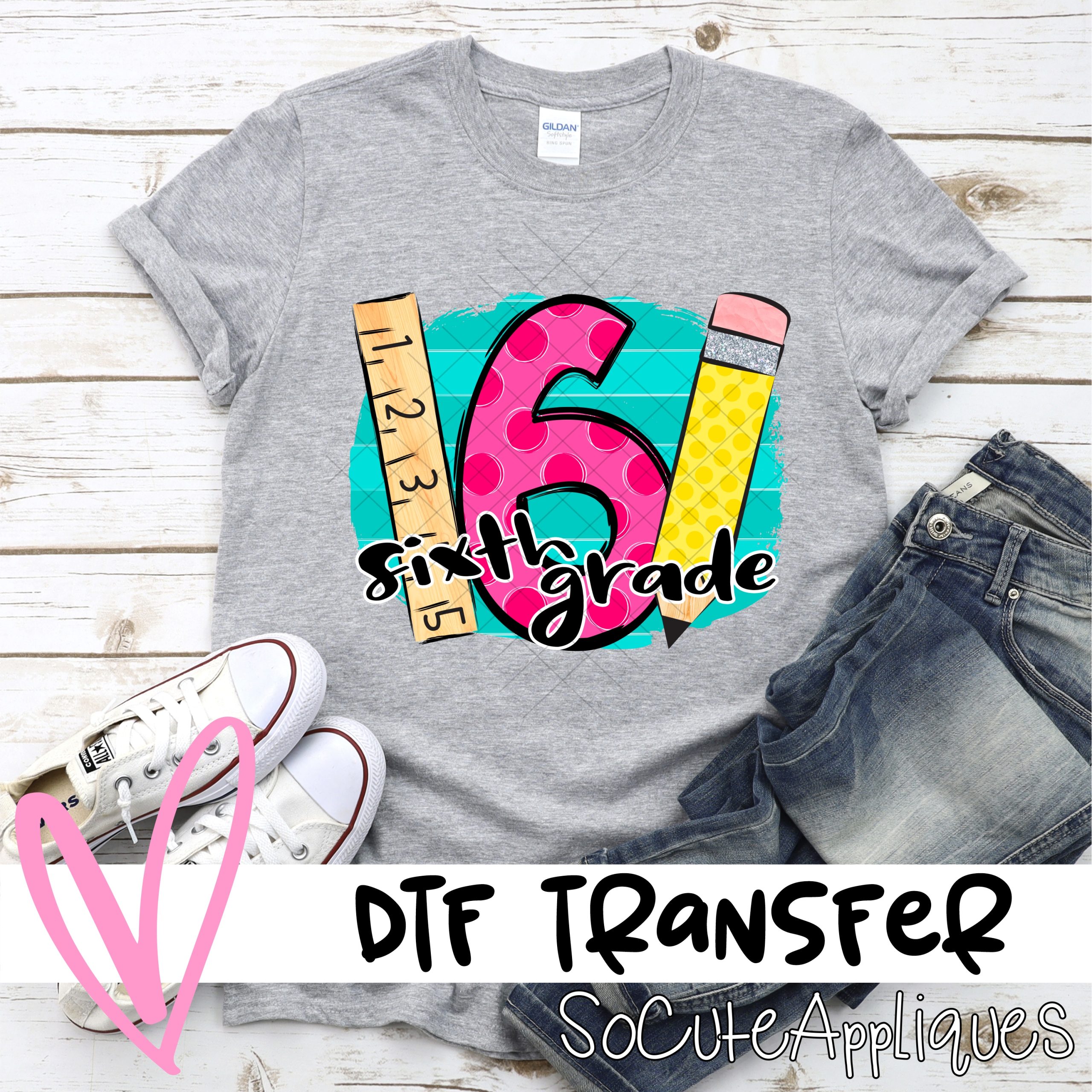 Sixth Grade polka dot letter on blue stripe with pencil and ruler *DTF* Transfer