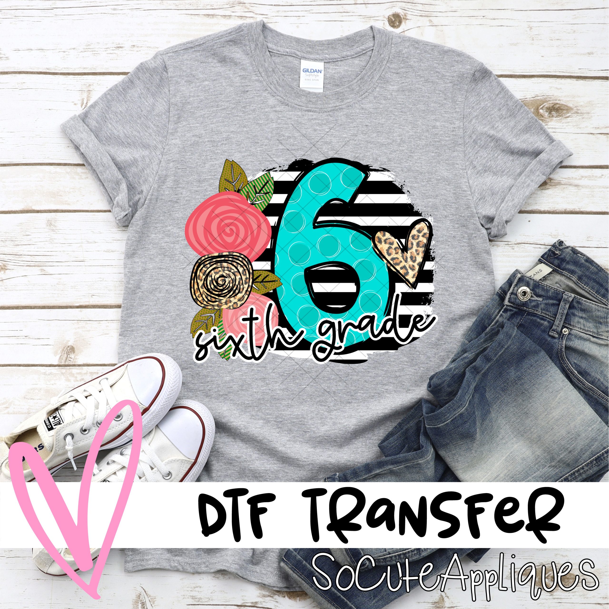 Sixth Grade polka dot letter with roses on black stripe *DTF* Transfer