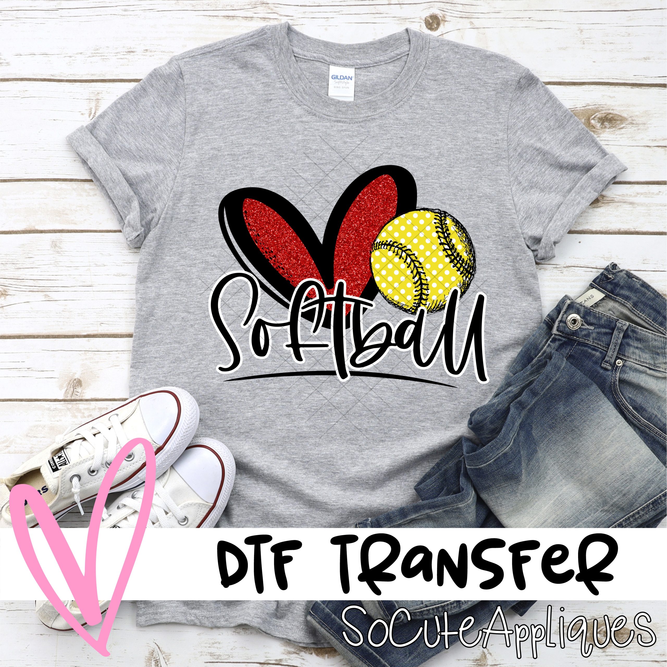 Heart softball red glitter yellow  *DTF* Transfer