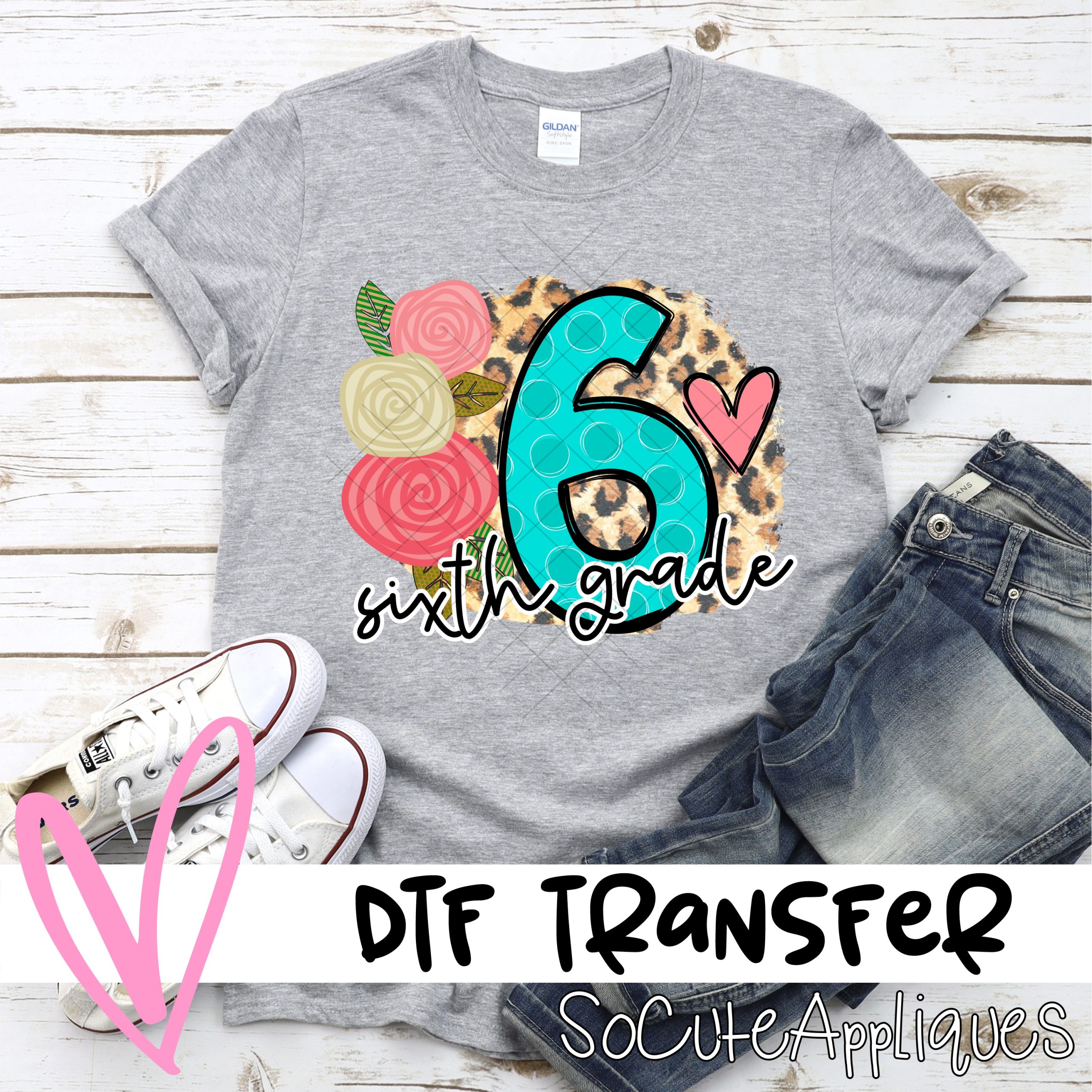 Sixth grade polka dot letter with roses on leopard *DTF* Transfer