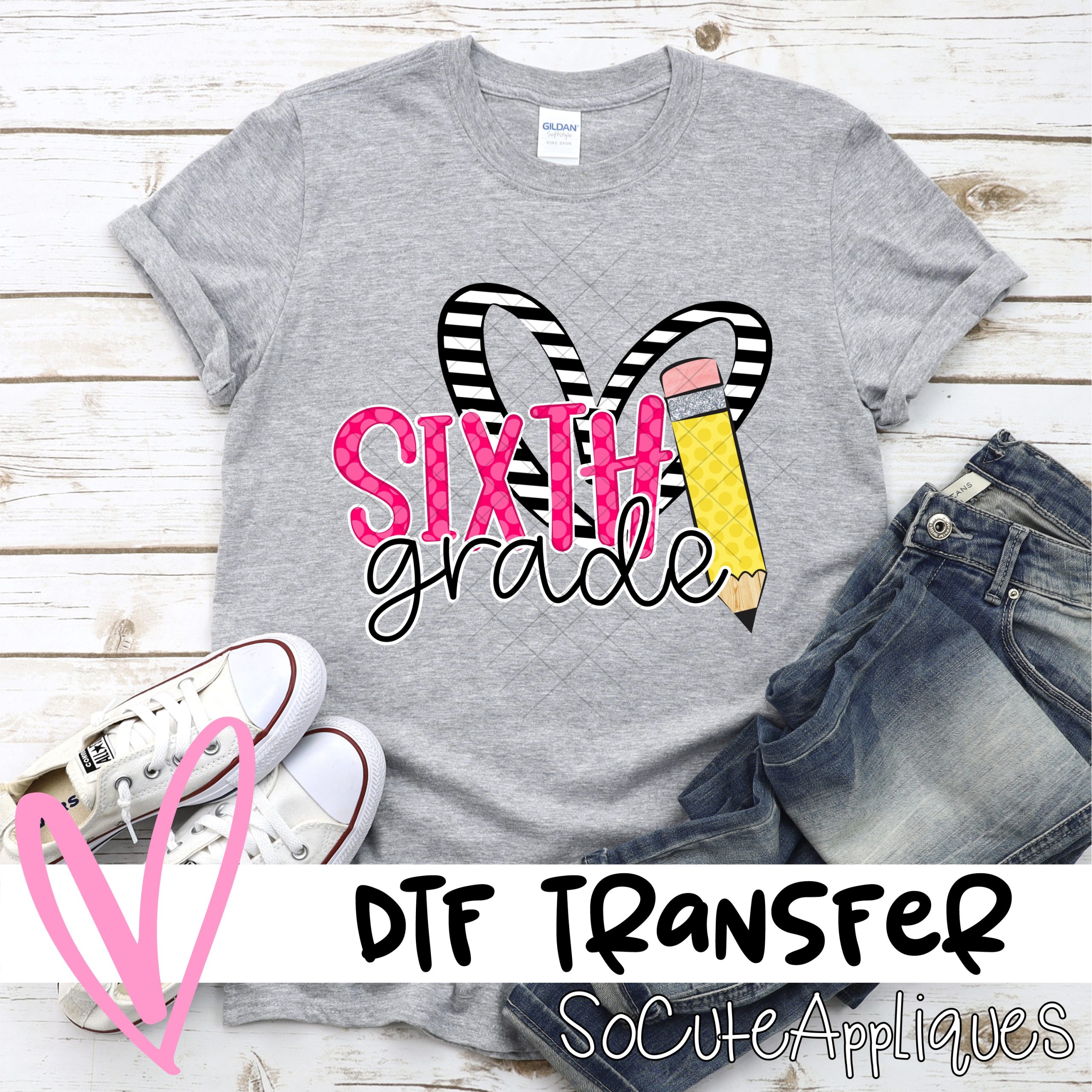 Sixth grade striped heart pencil *DTF* Transfer