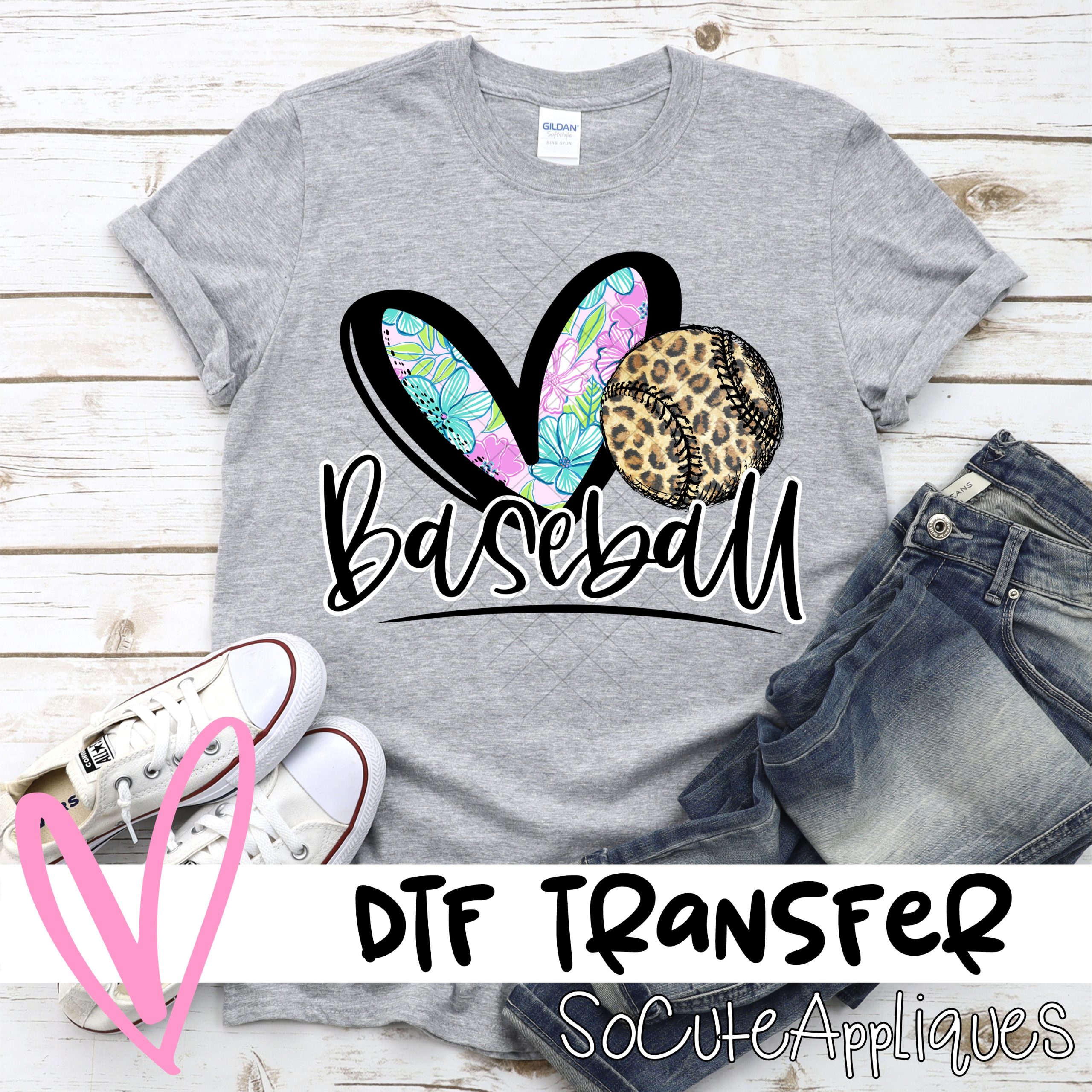 Heart baseball pink floral leopard  *DTF* Transfer