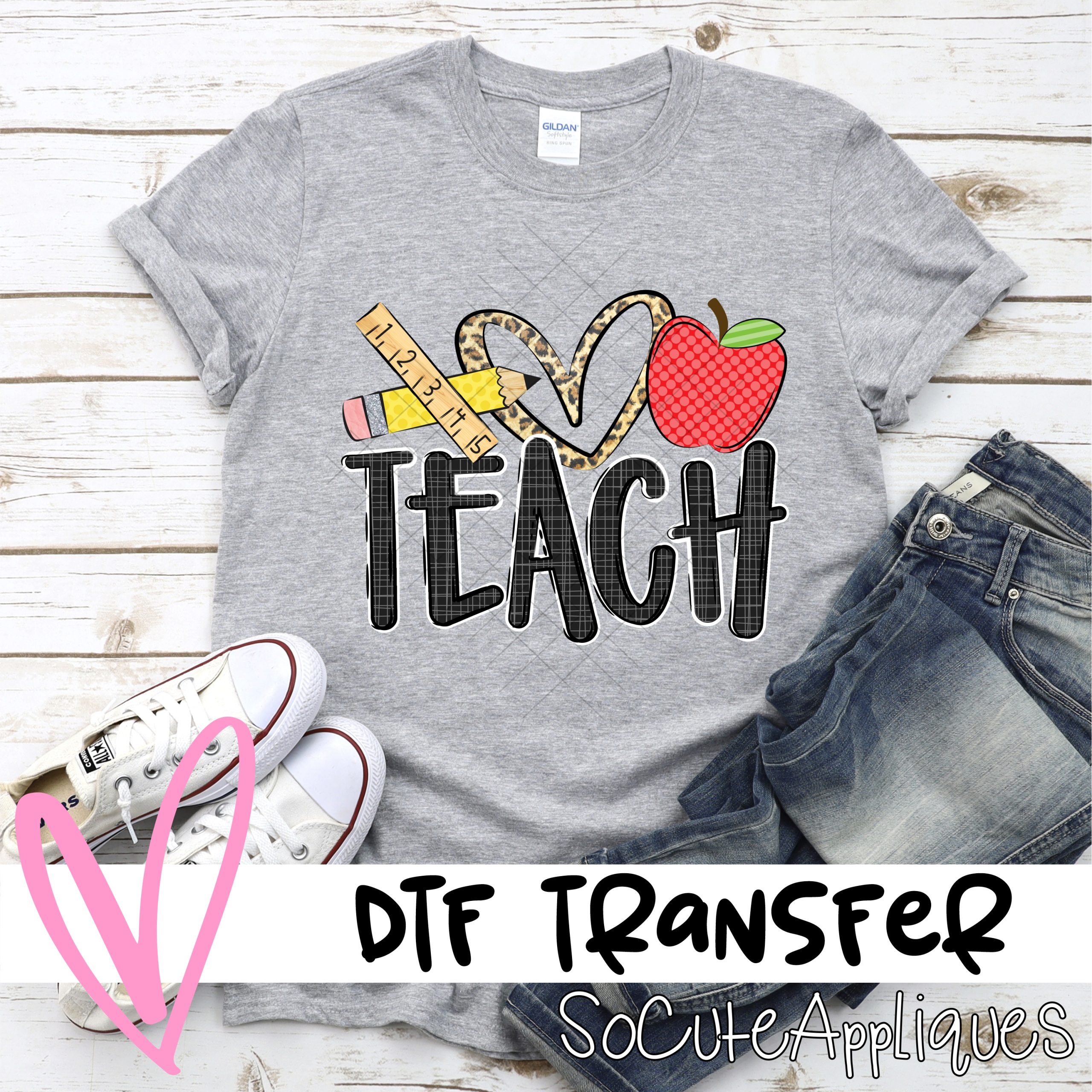 TEACH heart apple pencil ruler *DTF* Transfer